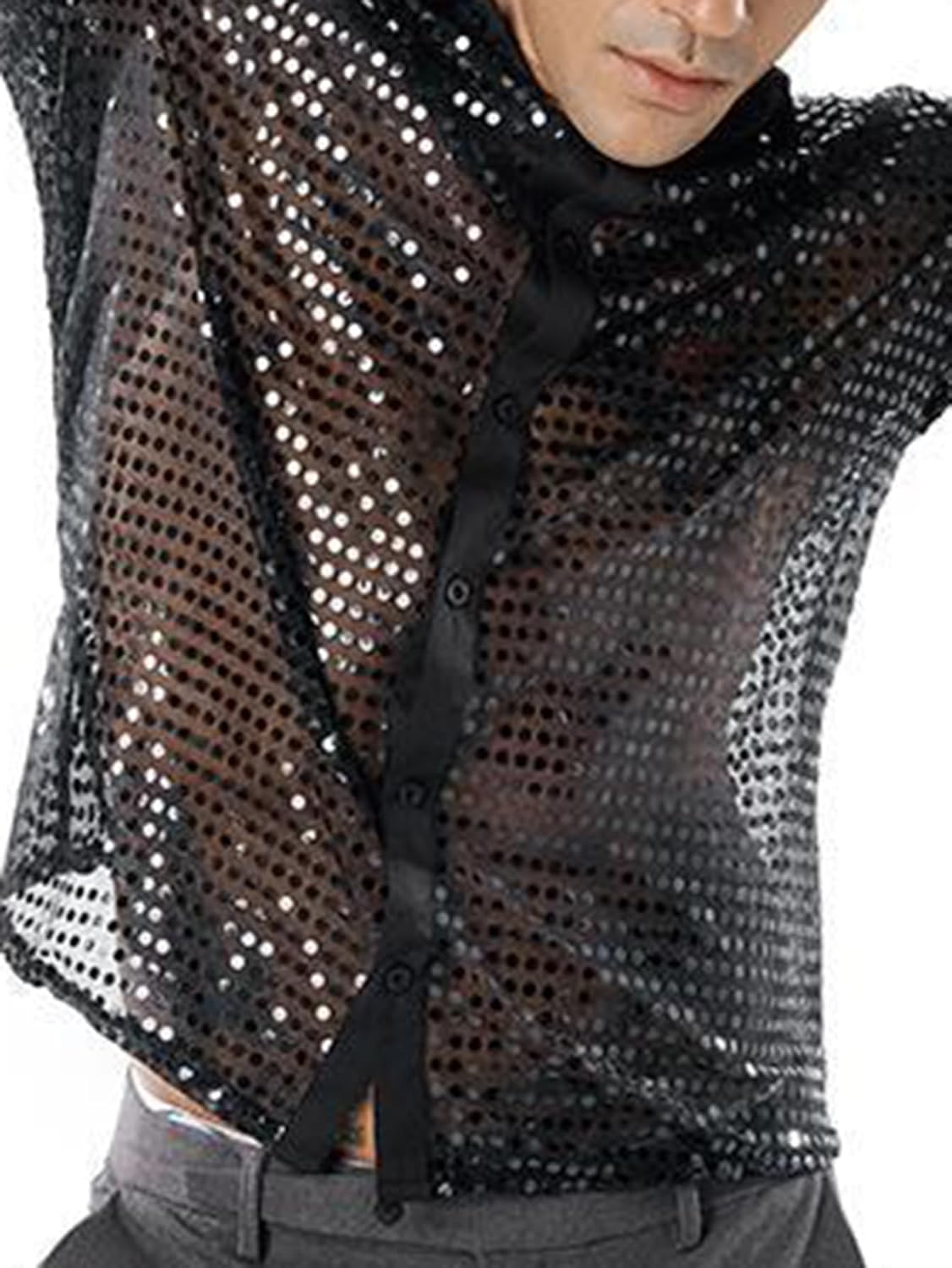 Men's 70s Sparkly Disco Top Shiny Sequin Long Sleeve Retro Button Front Party Shirt Tops - Image 5