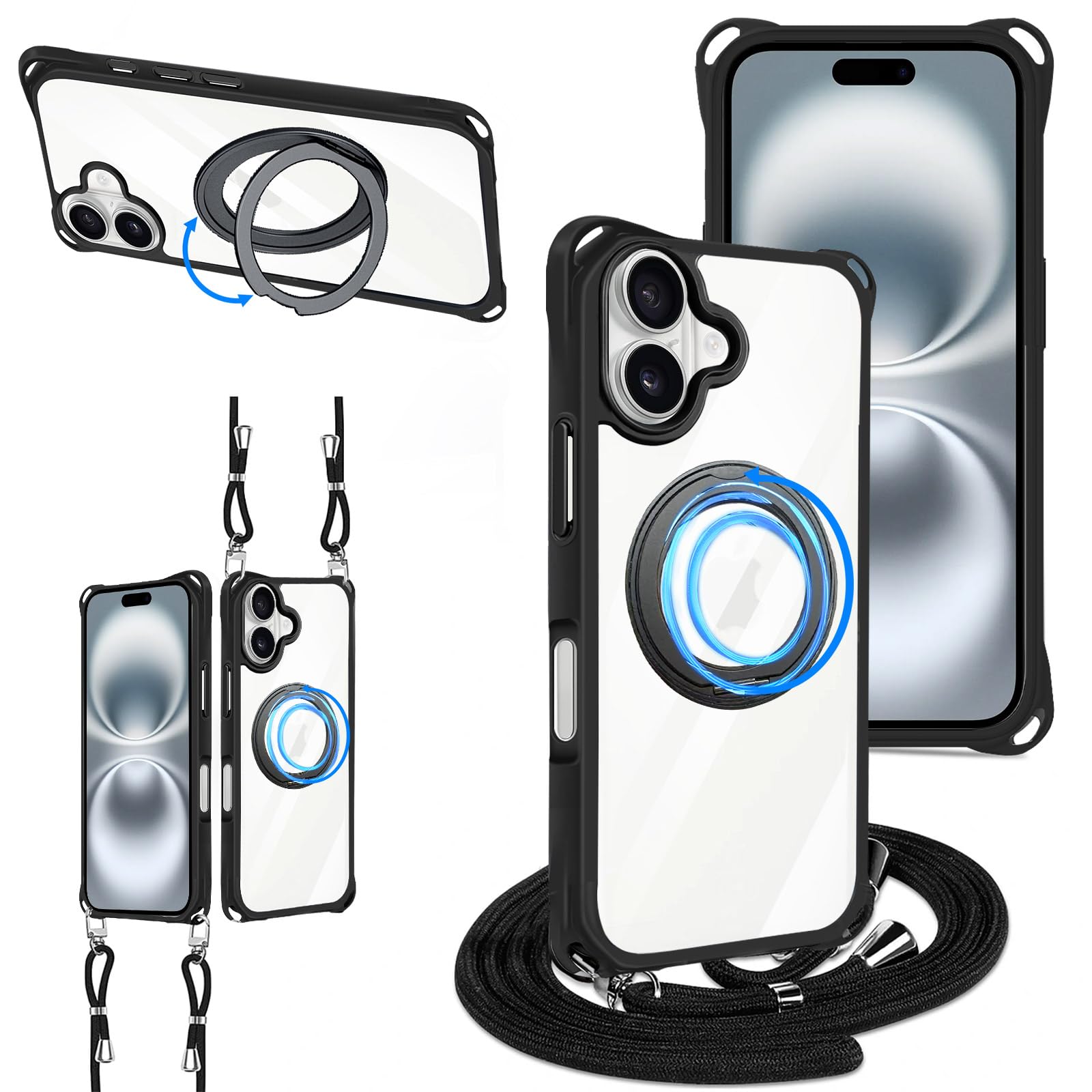 iPhone 16 用の ケース Magsafe対応 ワイヤレス充電 ショルダー クリア リング付き いphone 16 用の 肩掛け 斜めがけ 付き 縦/横 調節可能なショルダー トーラスホルダ スタンド機能 アイフォン 16 用の 360°回転 スマホケース ブラック