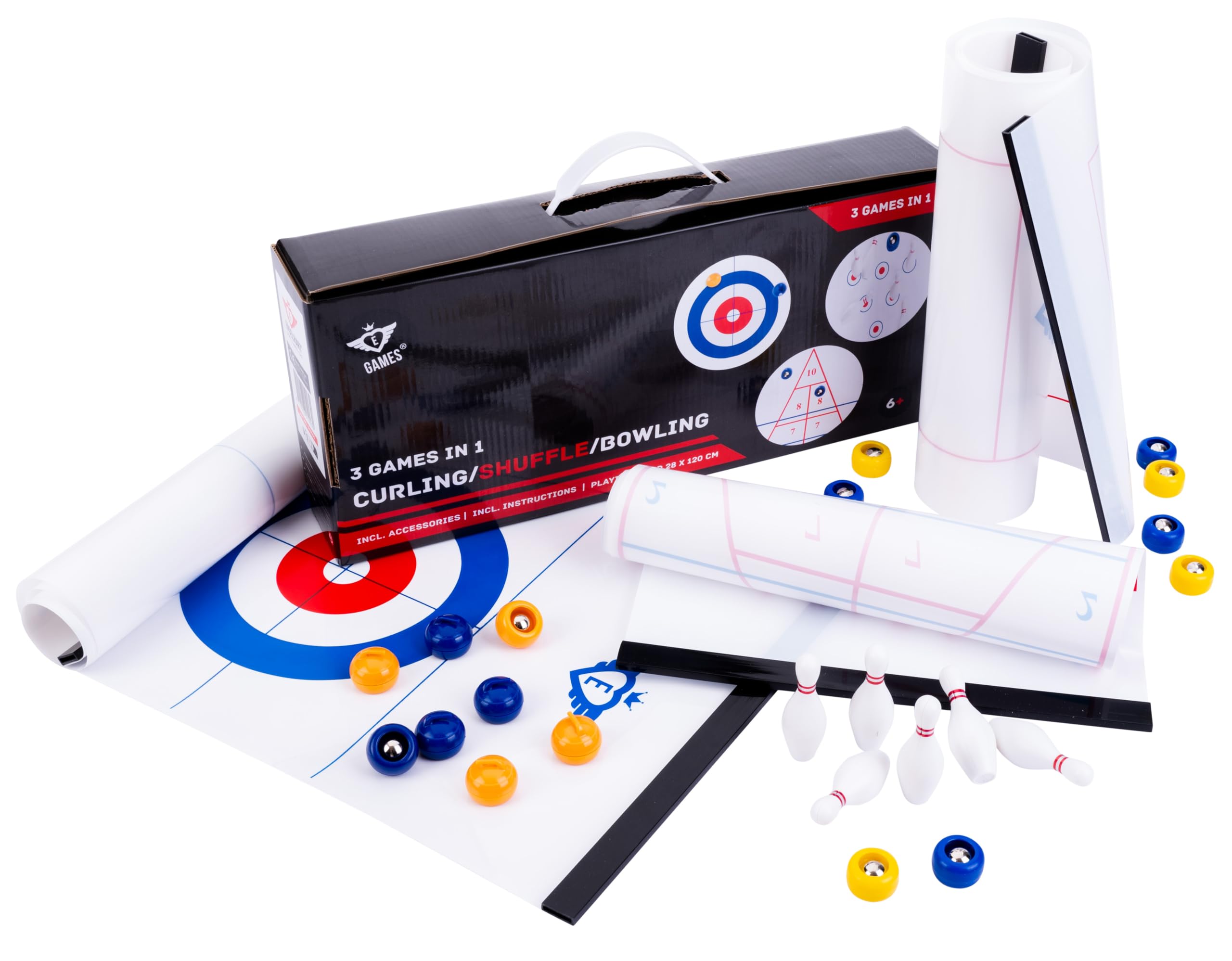 Engelhart - 340505 - Scatola Gioco 3 in 1: Curling, Shuffleboard e Bowling - Dimensioni 120 x 28 cm