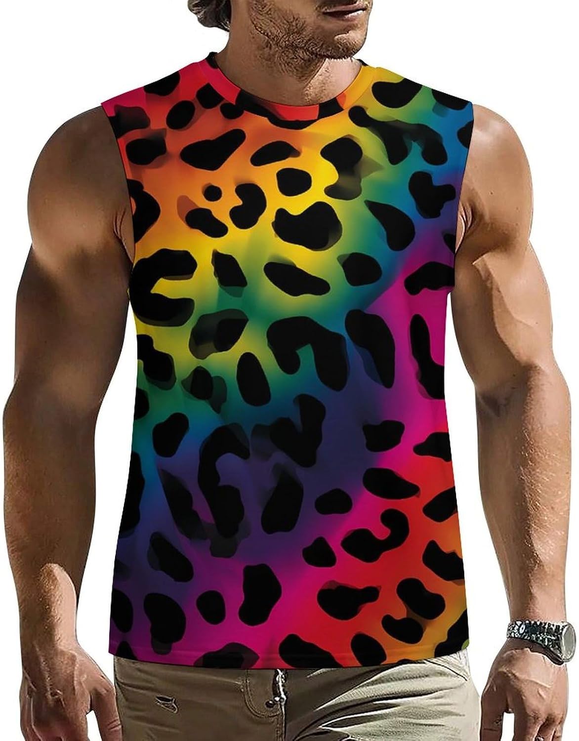 Rainbow Leopard Print Men Summer Sleeveless Crew Neck Top 5XL
