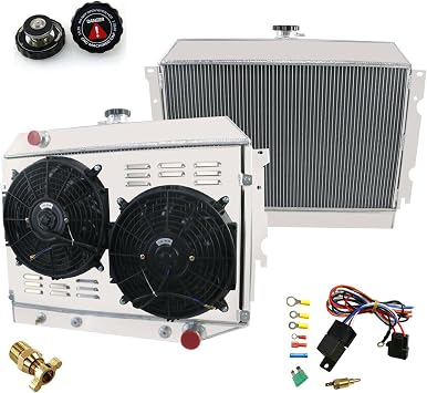 4 Row Core Aluminum DPI370 Radiator + 2 x 12" Fan w/Shroud + Thermostat Compatible with 1968-1974 69 70 71 72 73 Dodge Challenger/Coronet/Charger, Plymouth Satellite, 4.5L 5.6L 5.9L V8