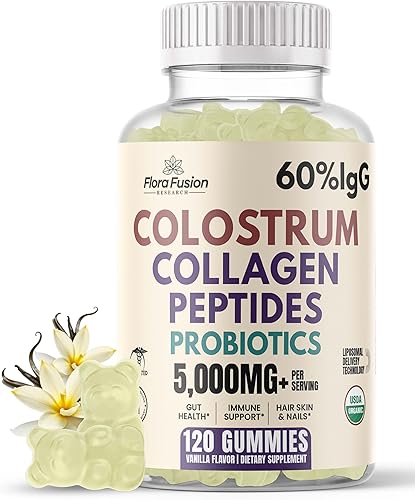 Gomitas de calostro bovino sin azúcar (3,000 mg) Péptidos de colágeno (2,500 mg) y probióticos - 60% IgG, calostro de primer ordeño, apoyo para la