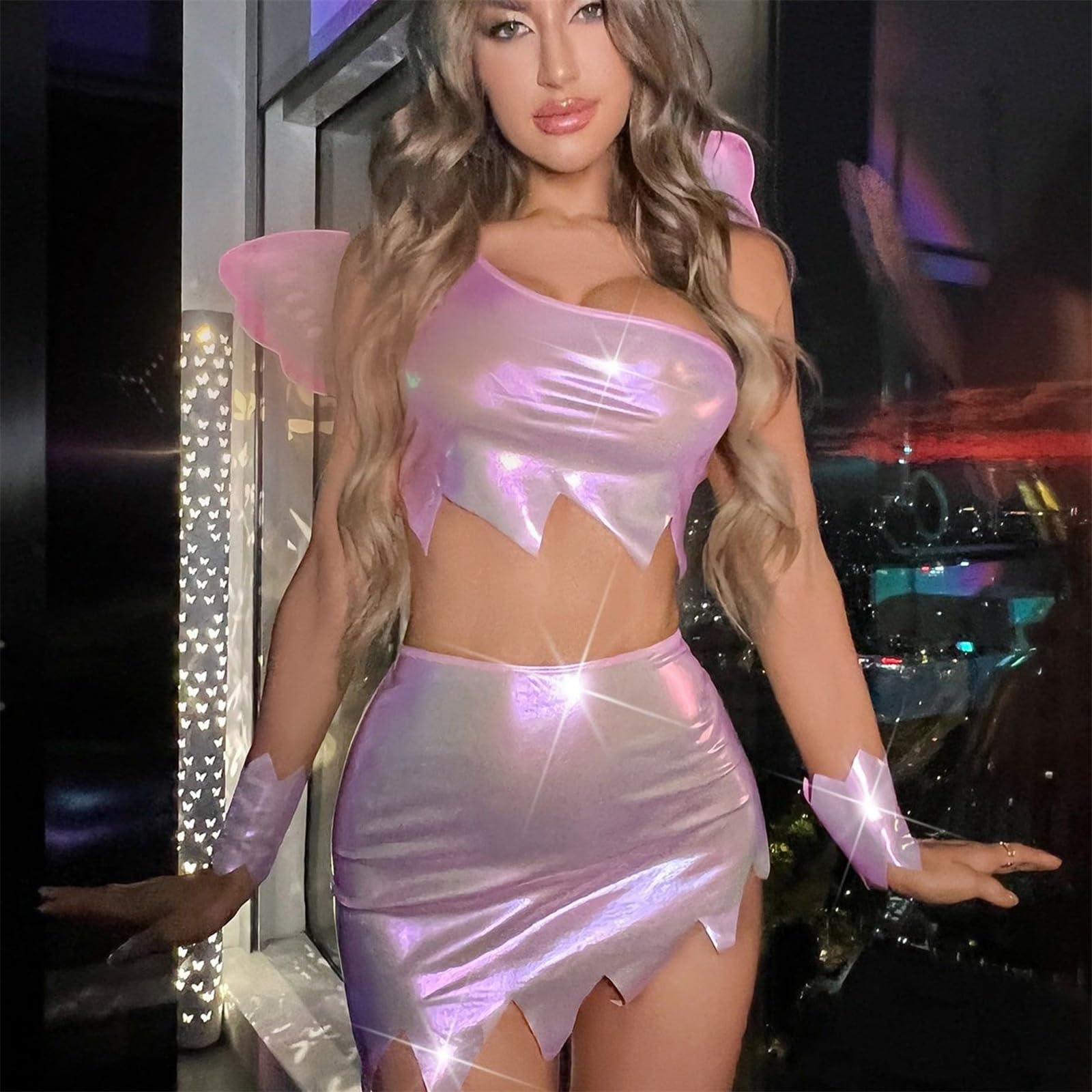 ensswliz Women Halloween Forest Fairy Costume Butterfly Wings Cosplay Rave Outfits Mini Skirts Butterfly Wings Suits for Halloween Party (A-Pink - Image 2