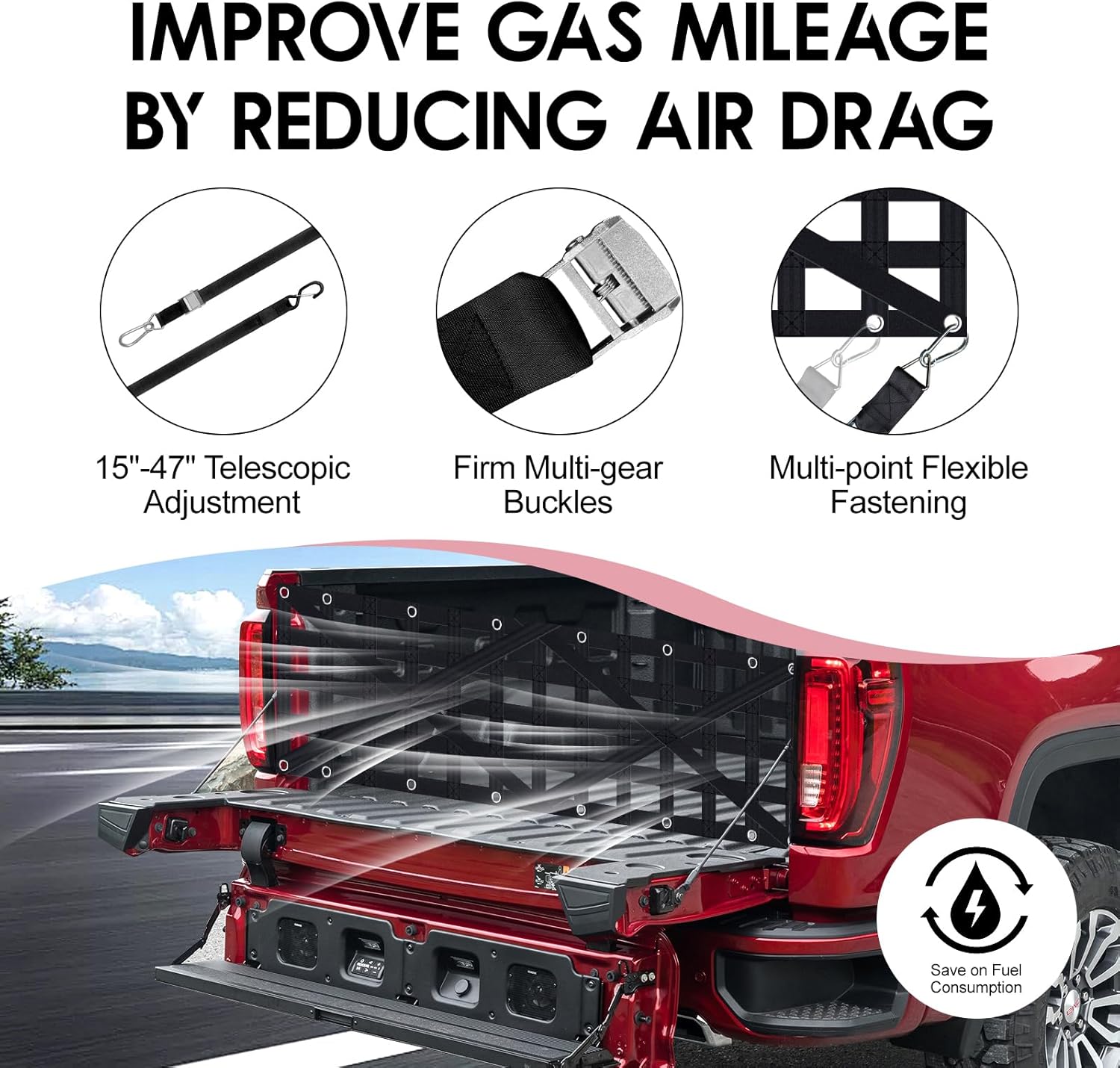 Heavy Duty Tailgate Net for Truck Bed, Cargo Net with 4 Adjustable Buckle Straps, Durable Nylon Tailgate net Compatible with Jeep, Pickup, Truck, Boat, SUV, 59" x 18"