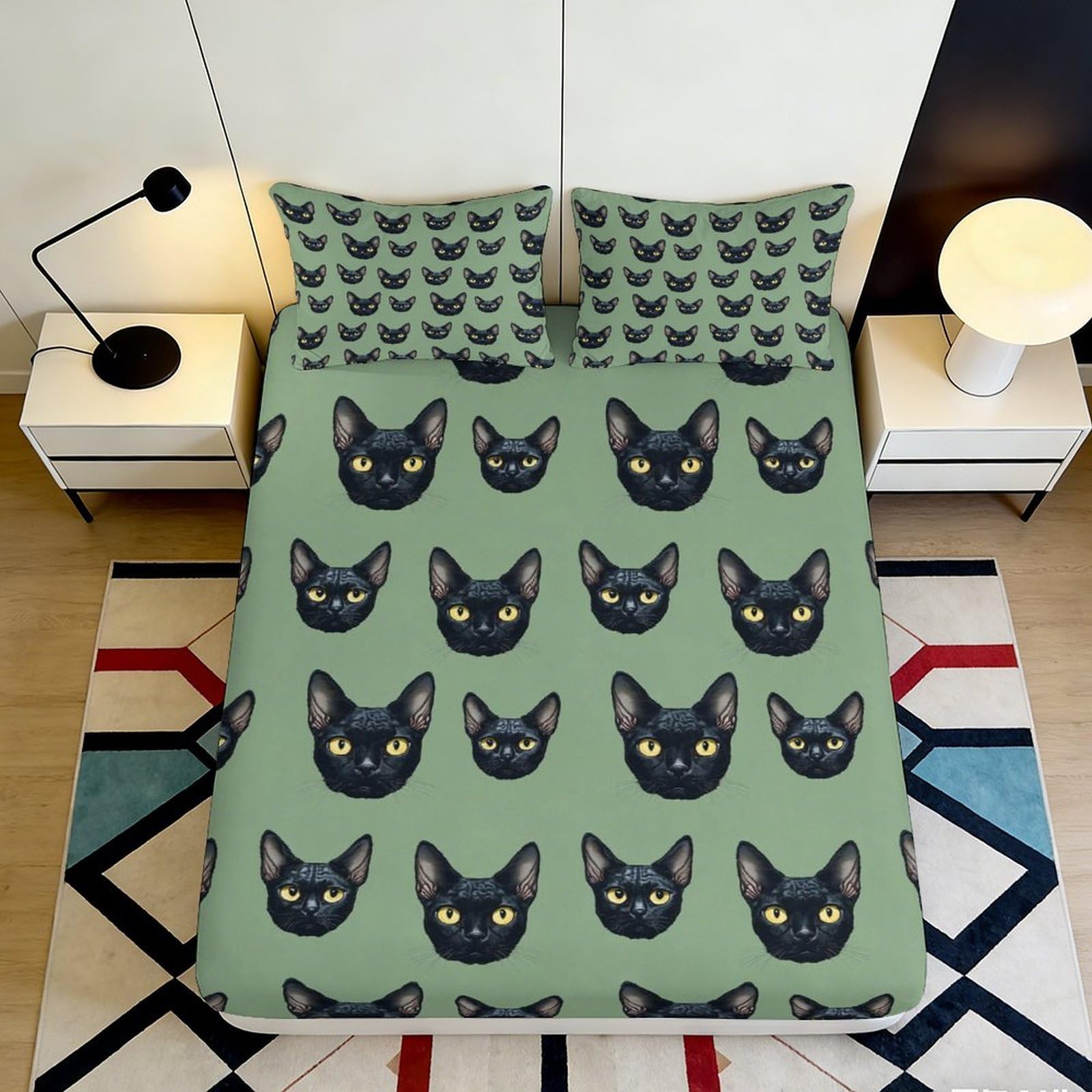 3D Printed Black Cat Pattern Fitted Sheet Microfiber Soft Mattress Cover for Bedroom Guest Room Decor Dustproof 90x200x25cm