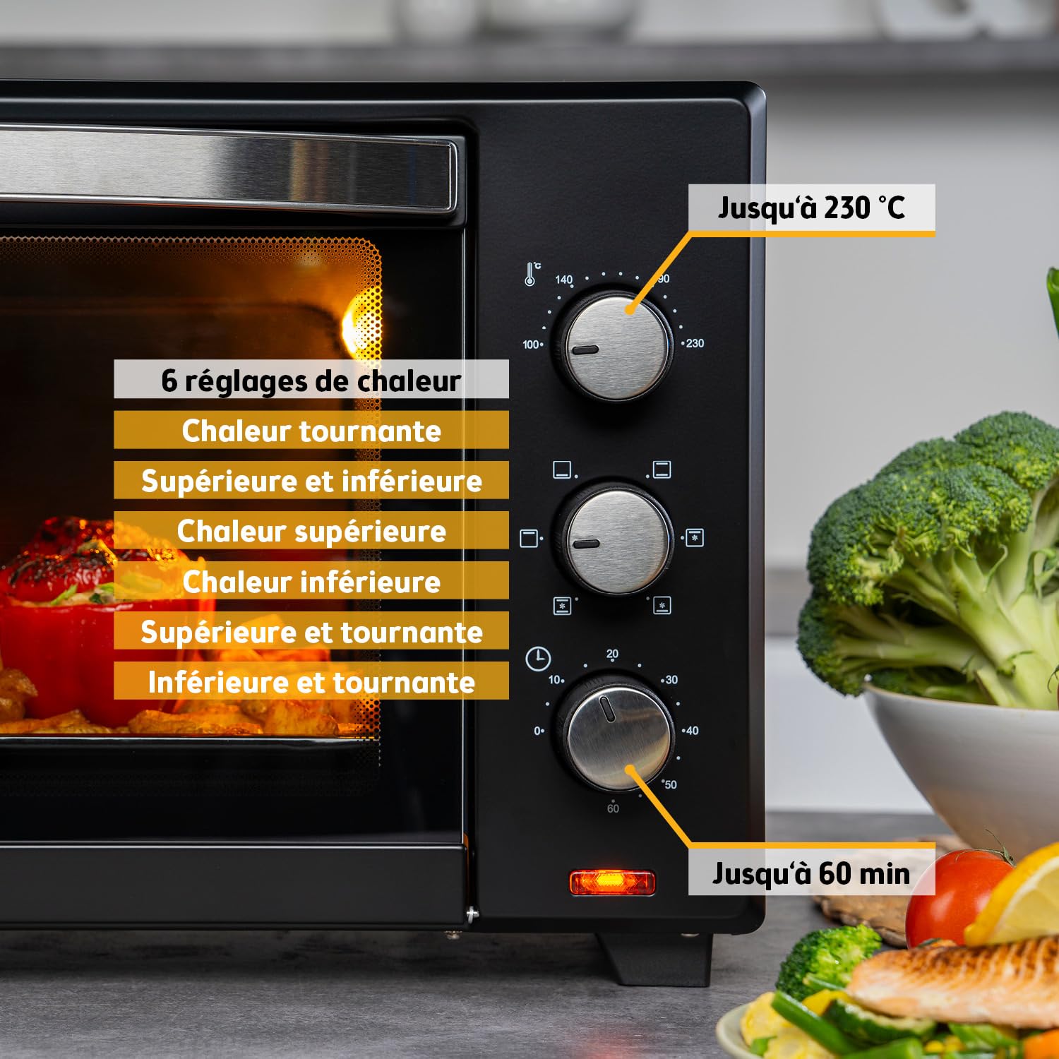TZS First Austria - Mini-Four 35L 1600W - Four à pizza avec réglage de la température jusqu'à 230°C et revêtement antiadhésif - Avec minuteur de 60 min, 3 hauteurs d'insertion, plaque et grille