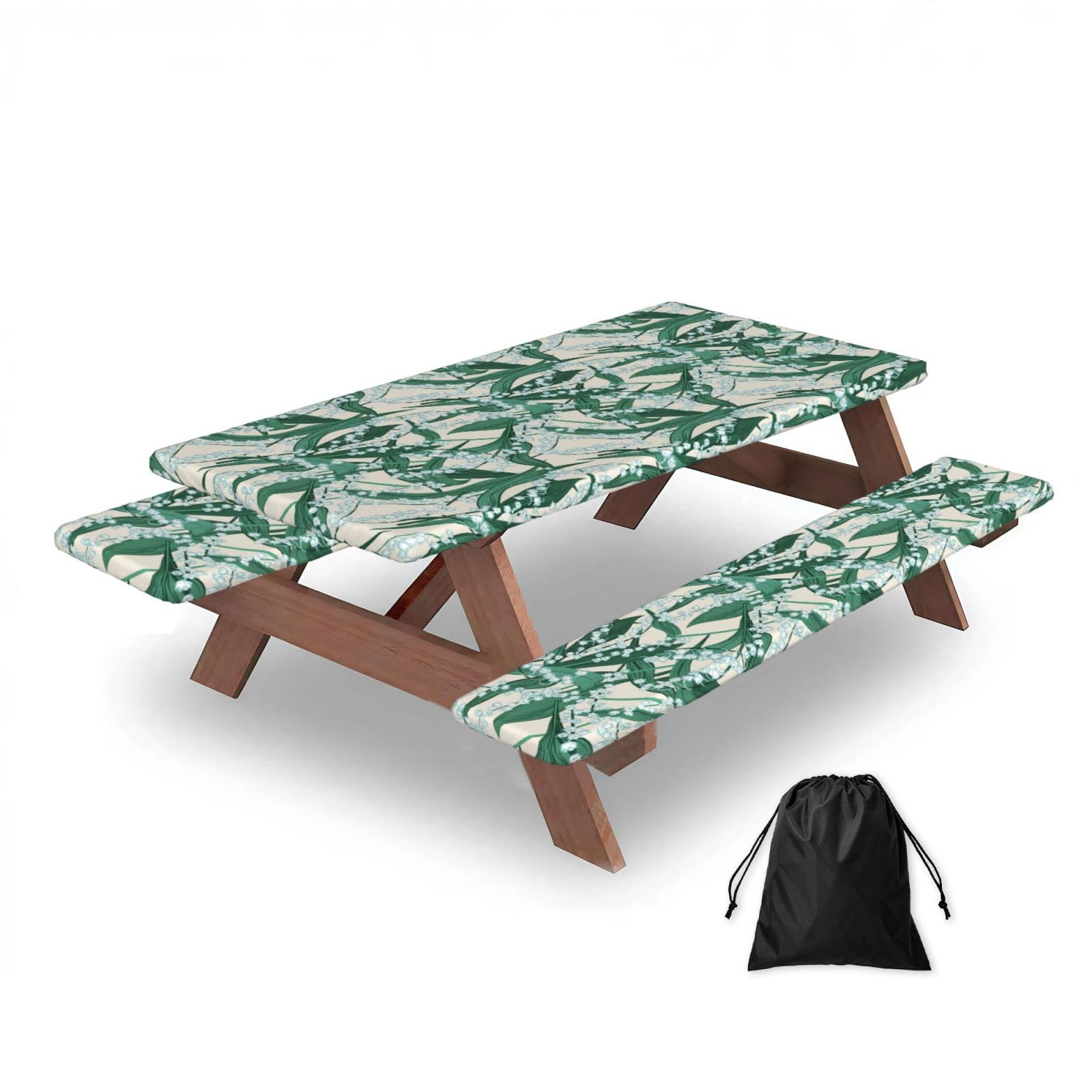 Dopklna As Picture Lily Of The Valley, Picnic Table Cover With Bench Covers -Waterproof Elastic Fitted Tablecloth For Garden Camping Patio 76X152cm