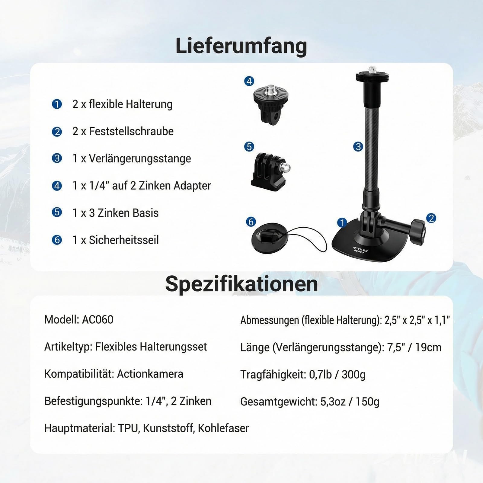NEEWER Flexible Helmhalterung mit Verlängerungsstange kompatibel mit Insta 360 GoPro DJI, selbstklebende Action Cam Halterung Basisadapter für POV Videoaufnahmen Live Streaming, für 1/4" Zubehör AC060