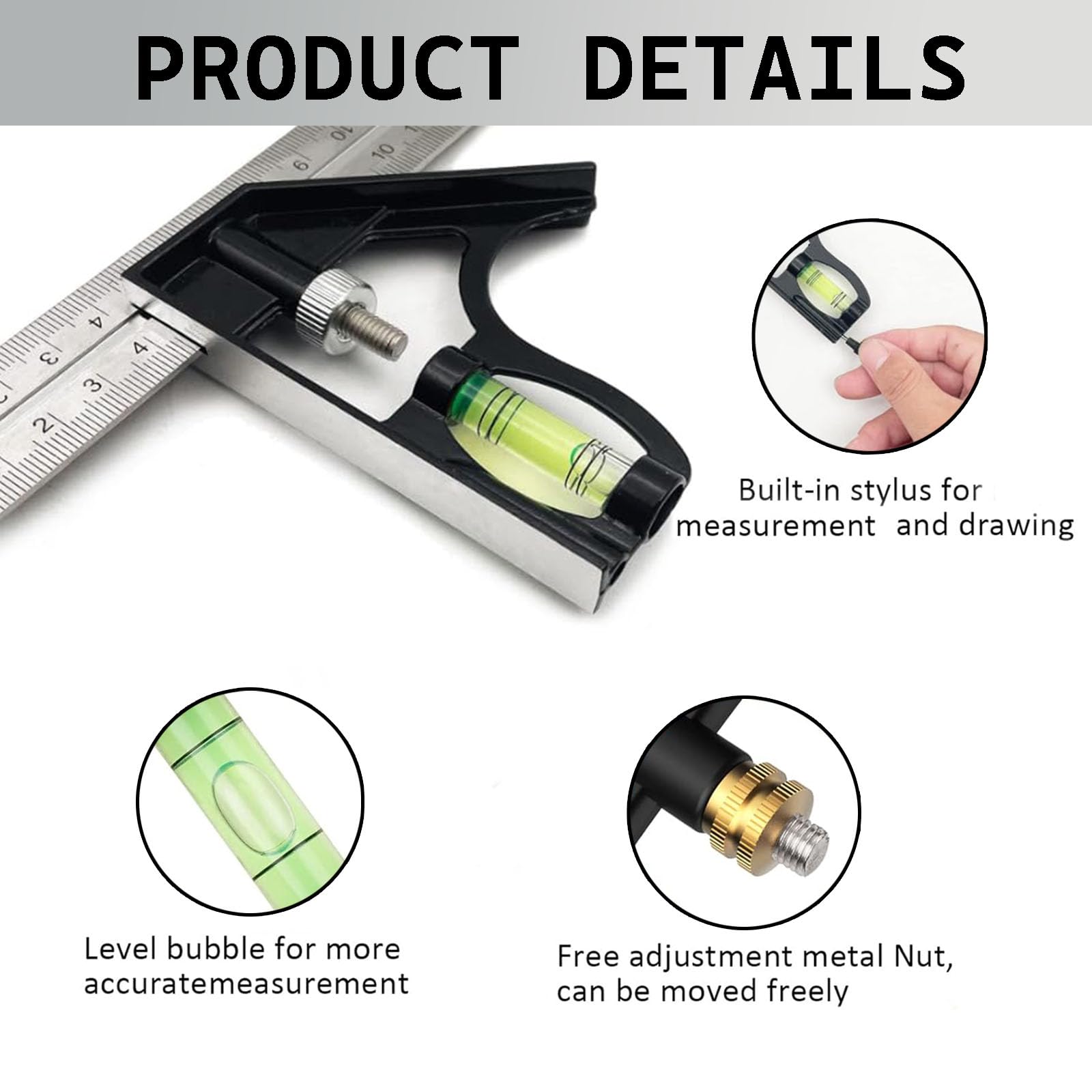 1 Pcs Square Tool, Square and Combination Square Tool Set, Stainless Steel Angle Ruler, 45/90 Degree Ruler with Bubble, Level for Accurate and Adjustable Woodworking Measurement - Image 3