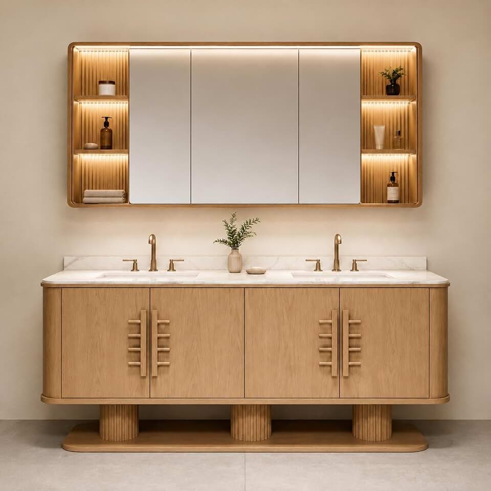 106 in Double Bathroom Vanity with Sinks - Modern Freestanding Solid Wood Vanity Cabinet with Smart Defog Mirror and Stone Sink | No Assembly Required | Customizable Sizes