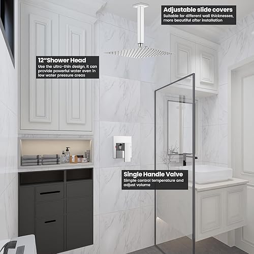 Miniatura 8 de Airuida Juego de grifo de ducha cromado para montaje en techo, sistema de ducha de lluvia de una sola función, juego de cabezal de ducha cuadrado y