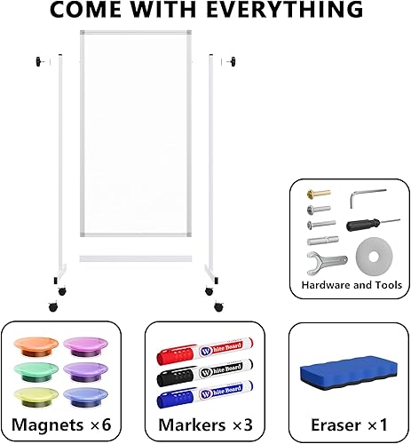 Miniatura 6 de Pizarra blanca rodante sobre ruedas, 48 x 24 pulgadas de altura ajustable con soporte, pizarra blanca magnética móvil grande de doble cara de pie
