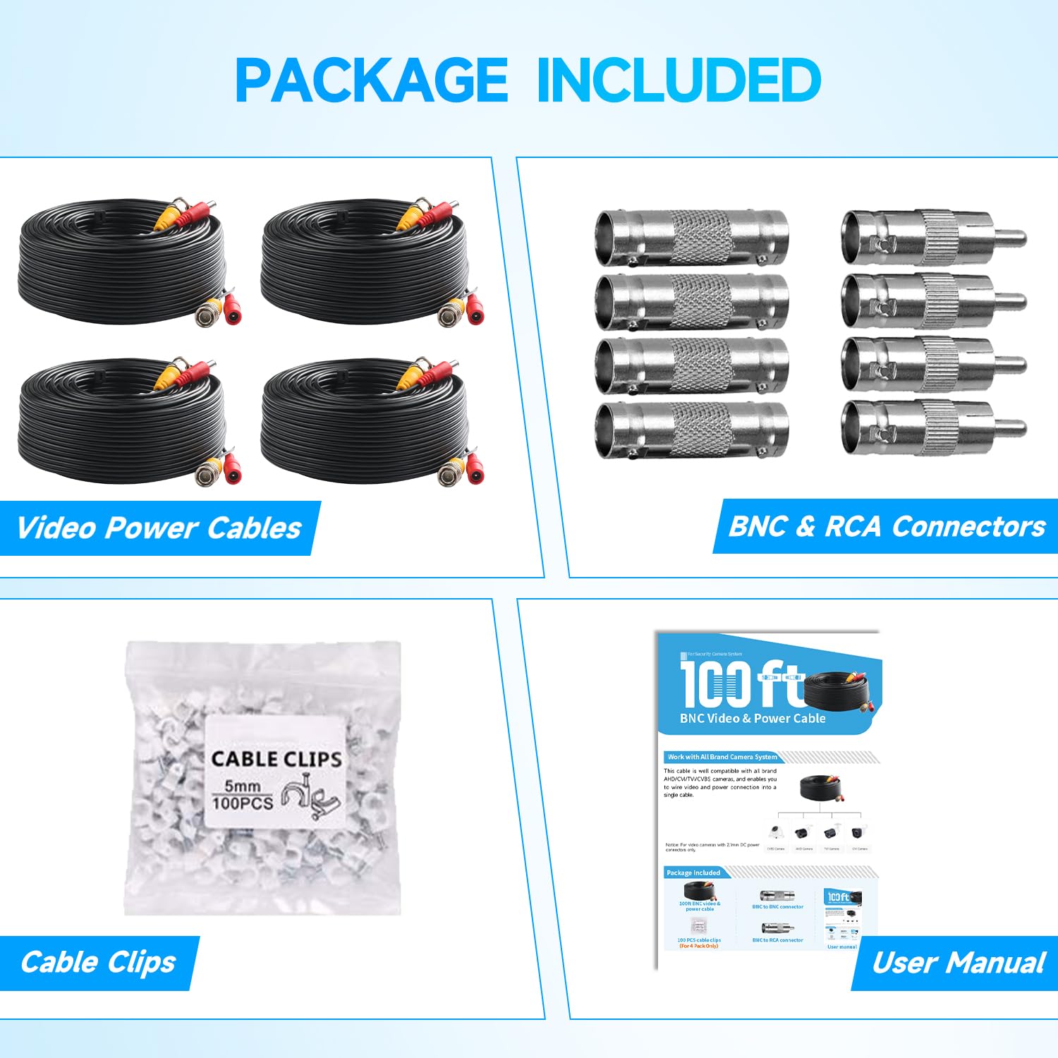 Câble D'extension BNC + Alimentation 12V Pour Caméra Surveillance - Longueur 5 à 100 M, Blindé - 9