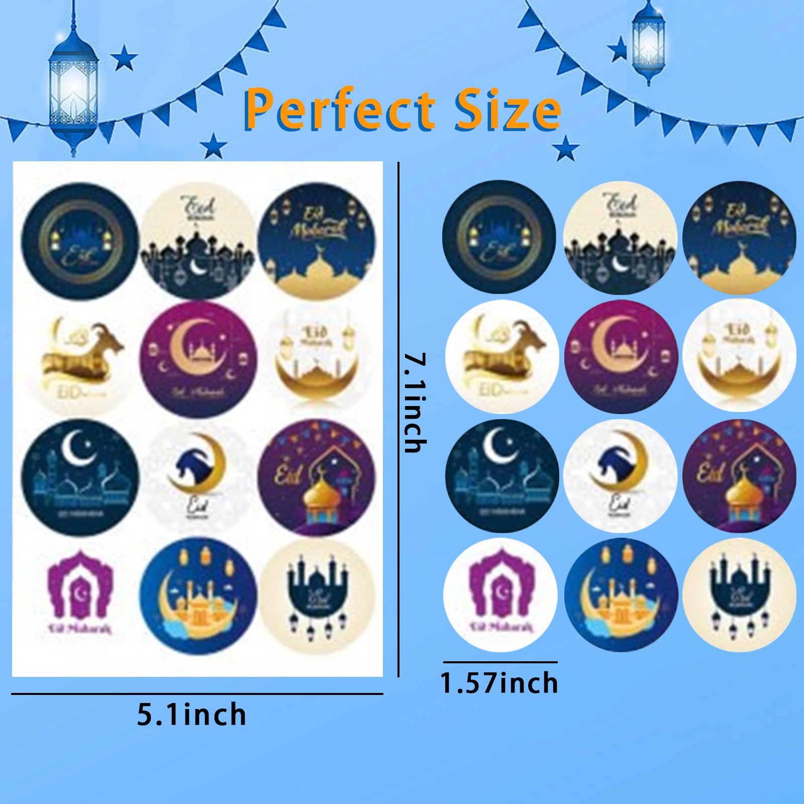 24 Sheets Ramadan Stickers - 288 Round Eid Mubarak Decorative Stickers, 1.57 Inch, 12 Designs