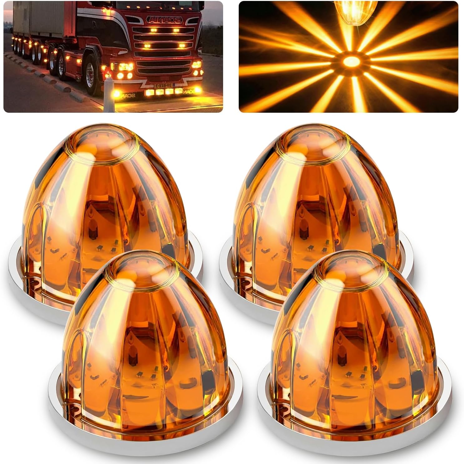 Aila 4Pcs Amber Watermelon LED Marker Lights for Truck, Dual Function Strobe + Steady Modes, 12V-24V Waterproof Cab Clearance Lights with Chrome Bezel for Truck Trailer Semi RV Bus Van