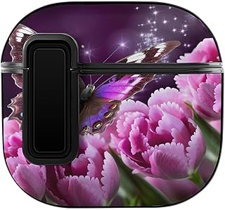 for Airpods 4 Case,Purple Flower Butterflyprinted PC Hard Shell Snap Switch Shockproof Protective Case Cove for Apple AirPods 4 with Hanging Rope Hole