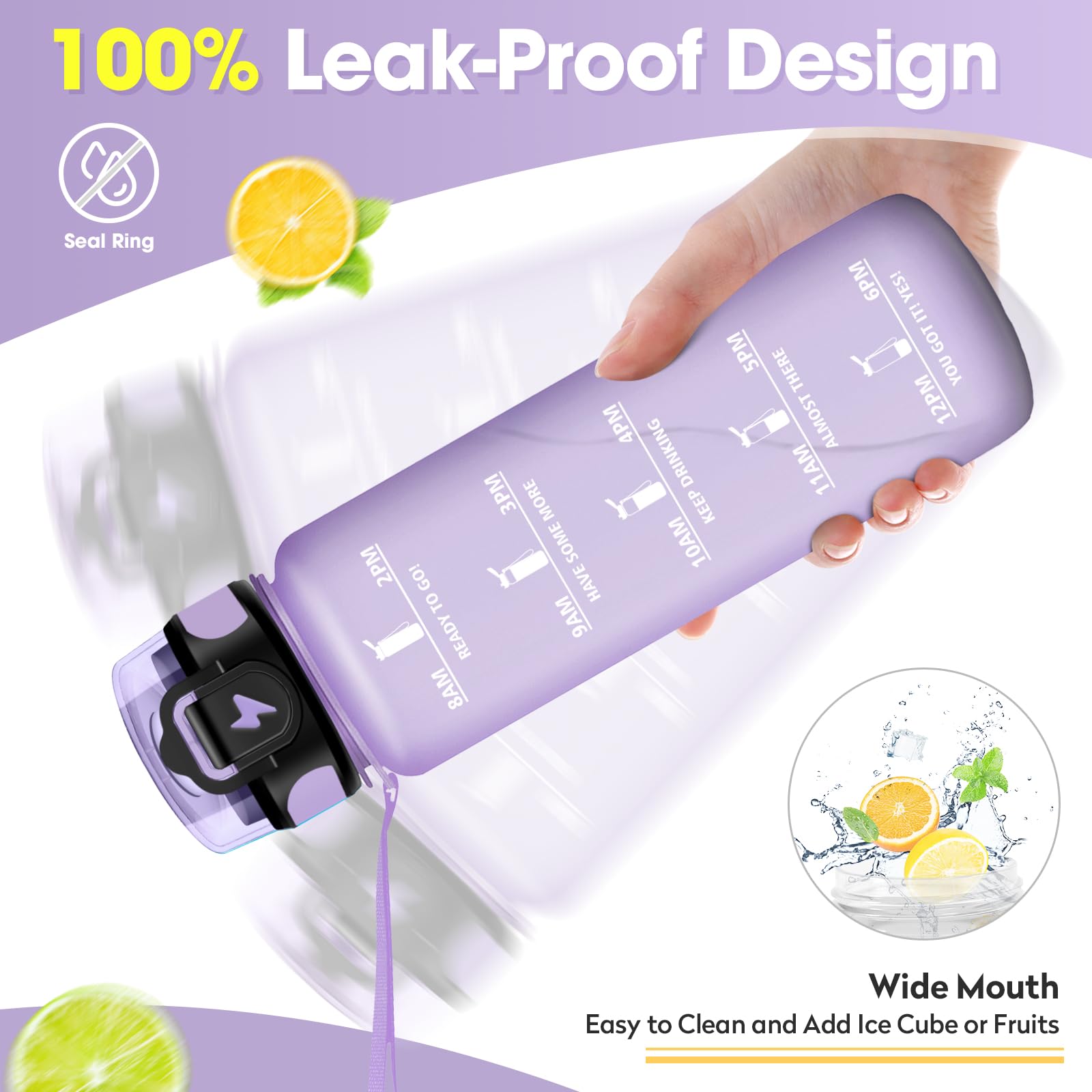1 liter motiverende sportwaterfles met tijdweergave, met rietje, lekvrije waterfles, eenvoudige reiniging, drinkfles voor fitness, fitnessstudio, wandelen