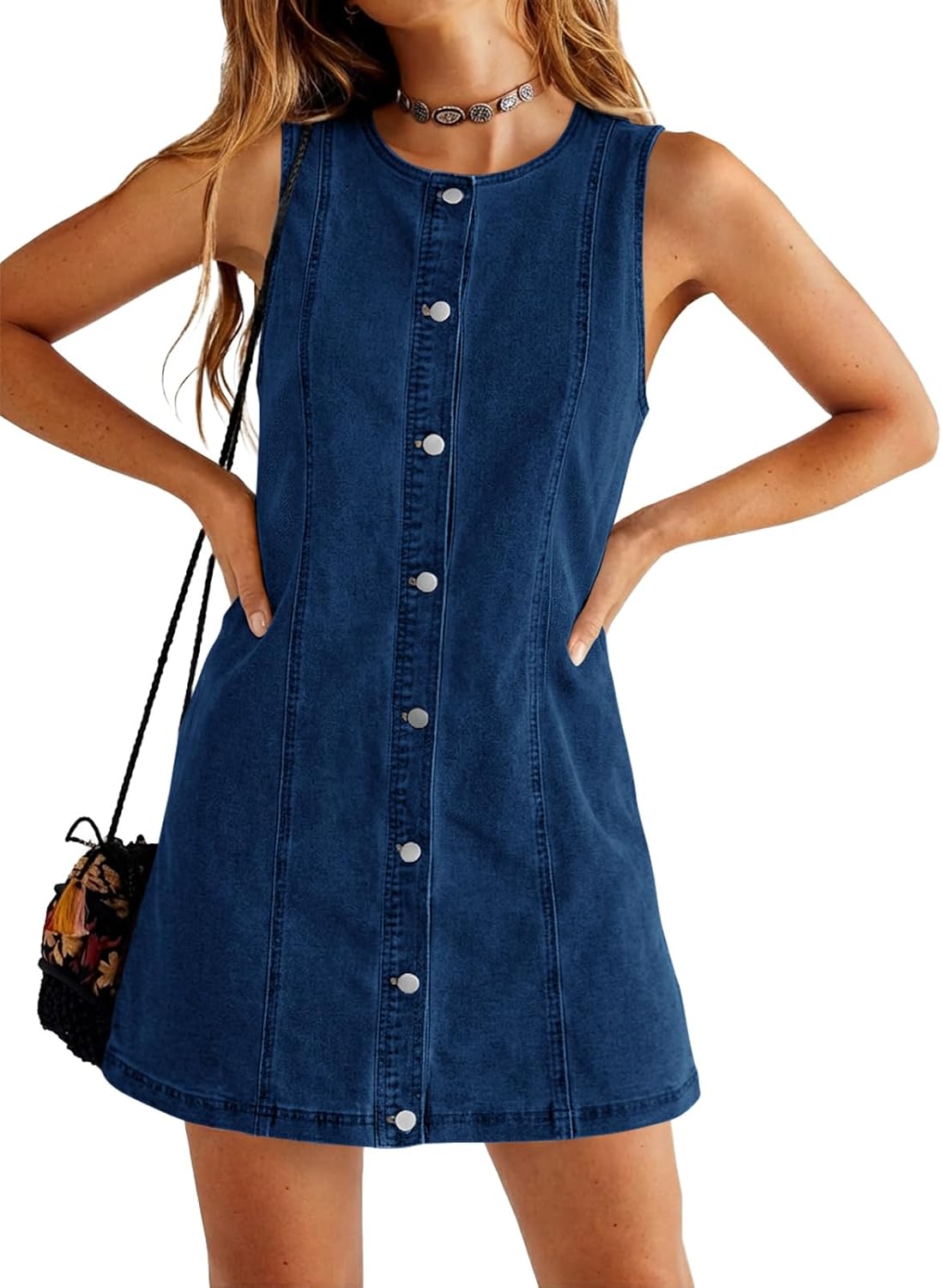 Yousify Womens Sleeveless Denim Overalls Dresses Summer Button Down A Line Jean Mini Romper Dress with Pockets