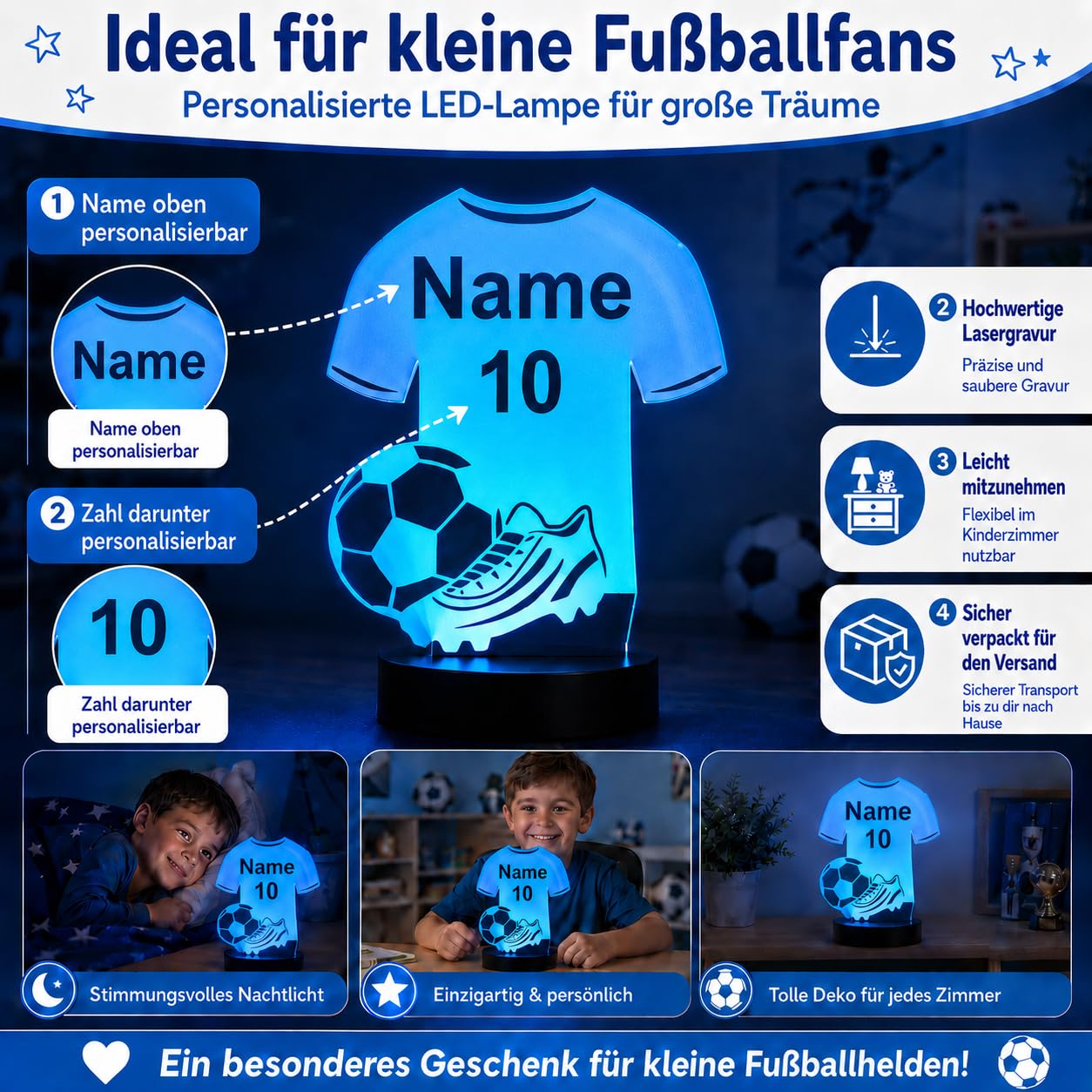 Idea regalo per calciatori per bambini e adulti, luce notturna, lampada da tavolo, decorazione per la casa nome e numero