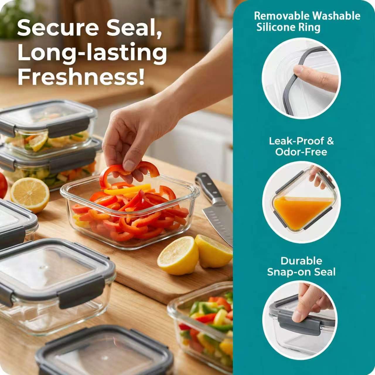 Recipientes De Vidrio Borosilicato Para Alimentos, Juego de 10 Piezas para Meal Prep y Almacenamiento (370ml & 1040ml), Recipientes Herméticos para Microondas y Lavavajillas, Sin BPA
