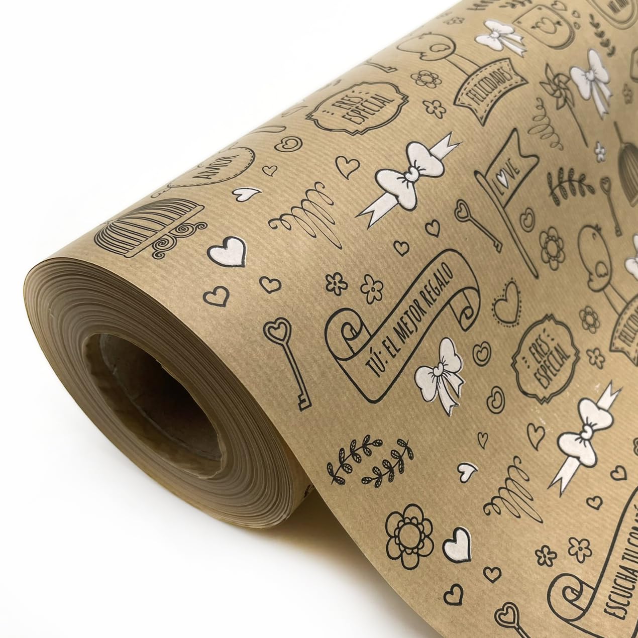 Papel de regalo kraft verjurado en rollo de 62CM x 100M con frases positivas. Ideal para: Comercios, envolver regalos, aniversarios, cumpleaños y celebraciones Navideñas. (POLLITOS)
