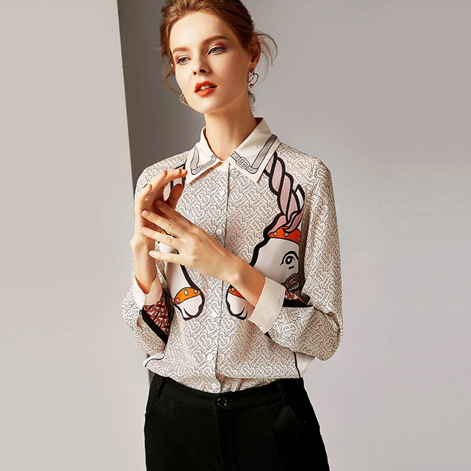 Camicia A Maniche Lunghe di Seta A Maniche Lunghe, Camicia retrò da Donna, Blusa Casual