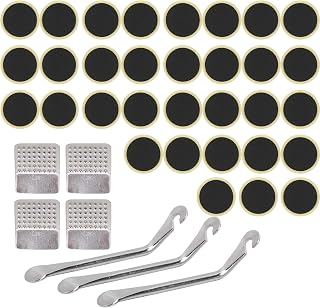 Bike Repair Kit, 32 Glue Less Patches, 3 Tire Levers, 4 Metal Rasps, Portable Compact, Ideal for Mountain and Road Bikes