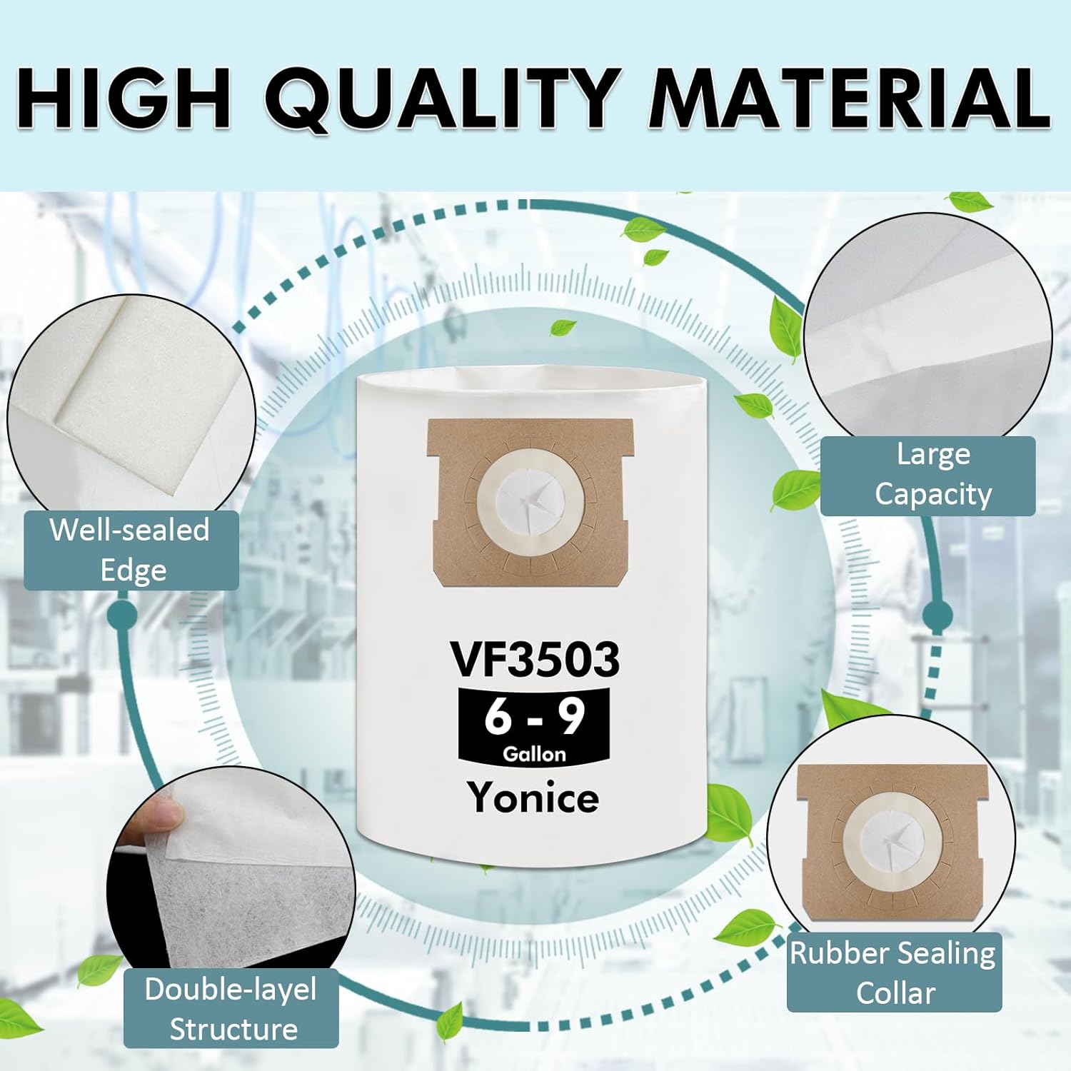 12 Pack VF3503 Vacuum Bags Compatible with Ridgid 6-9 Gallons Wet/Dry Vacuums, Disposable Dust Collection Bags Size B