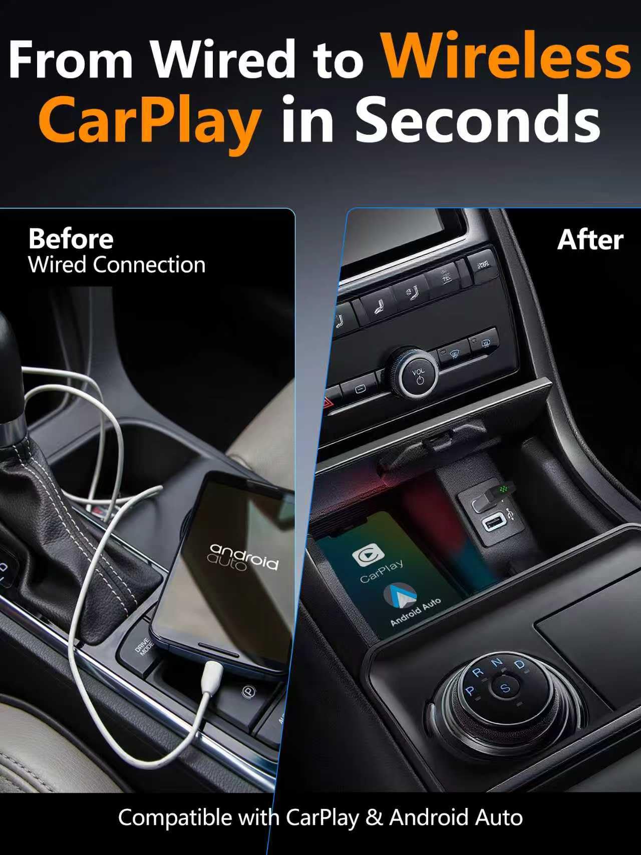 2-en-1 Adaptateur CarPlay sans Fil, Compatible CarPlay & Android Auto, Passez du Câblé au sans Fil, Plug & Play, Connexion Rapide, sans Latence, Design Compact et Élégant(1pièces)