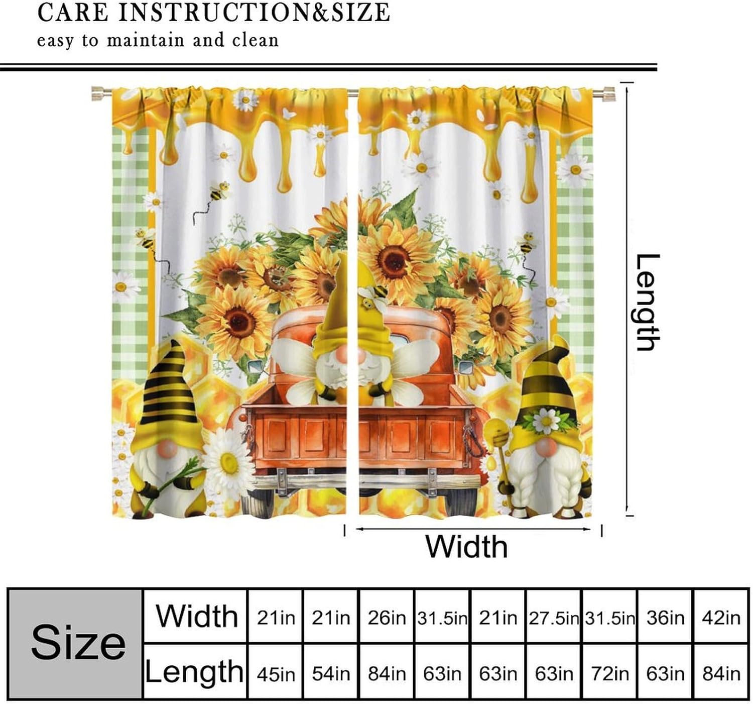 Sunflower Blackout Curtains,Vintage Rustic Nature Sunflowers Gnomes Trucks Bees Flowers Farmhouse Window Treatments Rod Pocket Drapes for Girls Living Room Bedroom Kitchen 63x63in