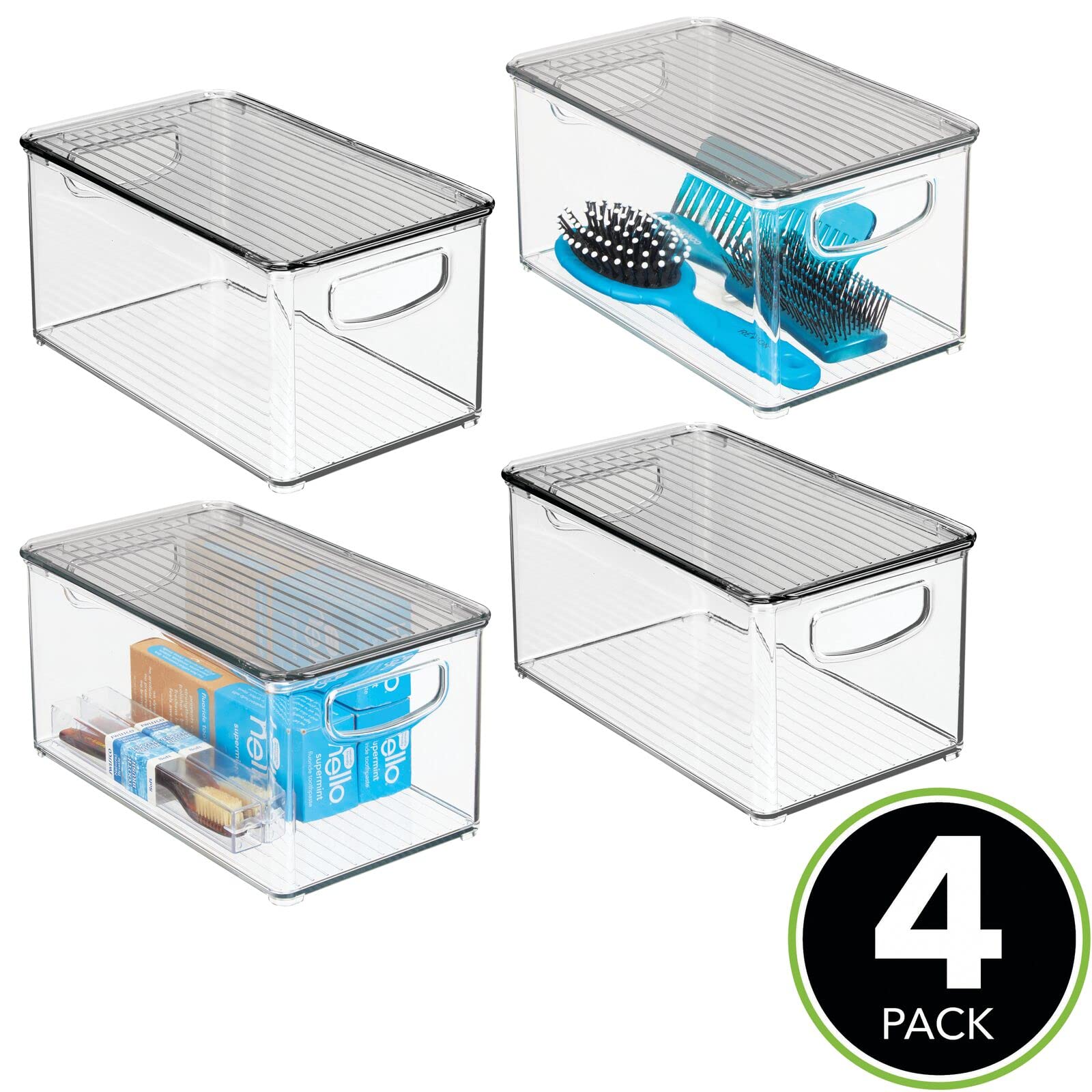 mDesign 4er-Set Ablagebox mit integrierten Griffen – transparente Aufbewahrungsbox mit Deckel – ideal zur Kosmetikaufbewahrung im Bad – durchsichtig/grau