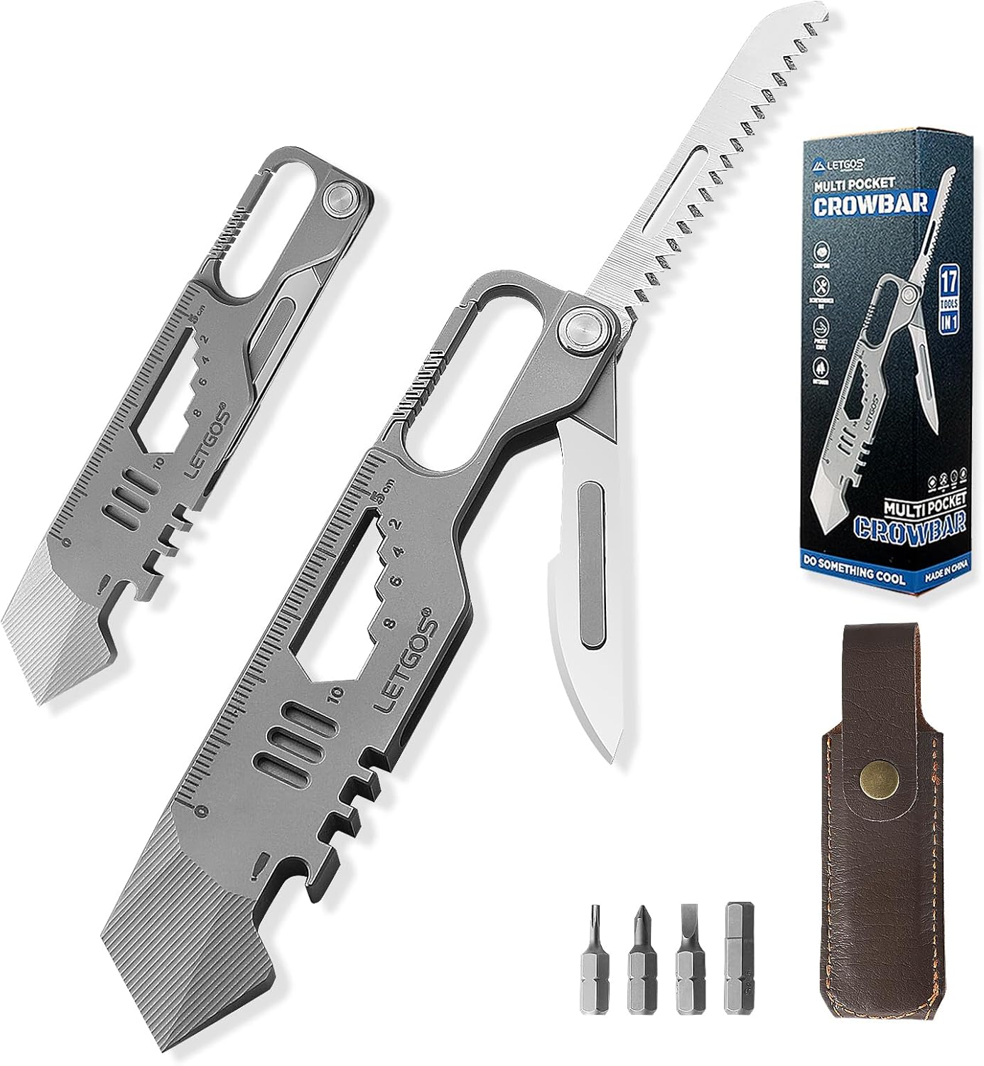 17 in 1 Multi Titanium Alloy Pocket Tool Portable Folding EDC with Carry-on Pry bar, Lightweight EDC Tool with Storage Bag, Camping Survival Gadget, Gift for Men (Deep Black)