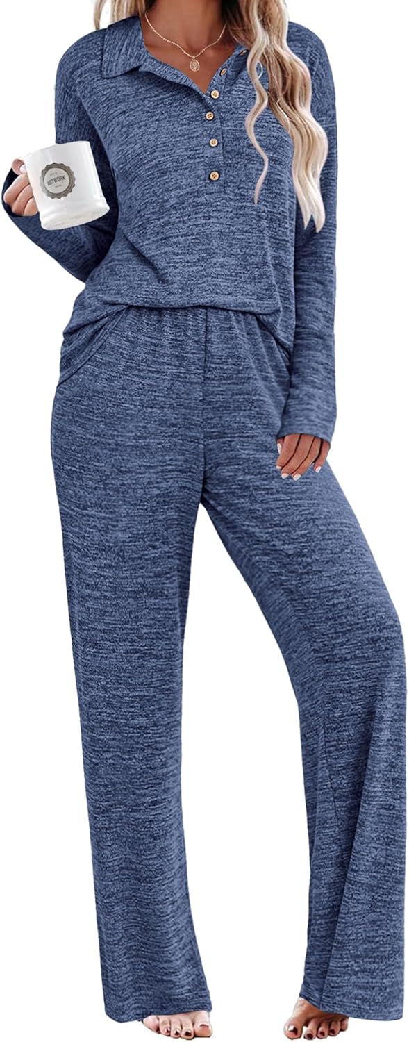 Ekouaer Womens Pajamas Set Fall Lounge Sets 2 Piece Long Sleeve Sleepwear Button Down Soft Pjs Nightwear