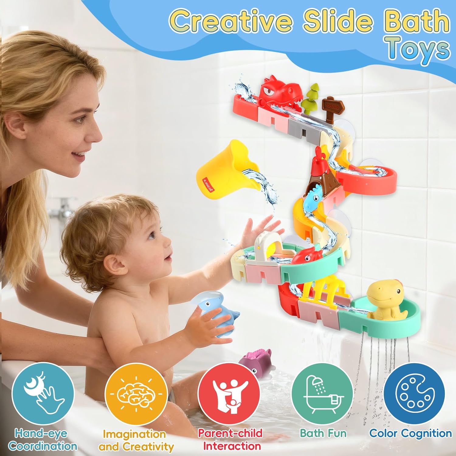 72 PCs Dinosaur Bath Toys DIY Water Slides Toy for Kids Ages 4-8, Bathtub Shower Toys with Rubber Dino Bath Toys for Kids Birthday Gifts