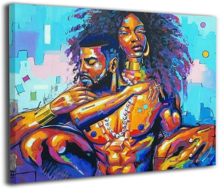 Okoart Canvas Wall Art Prints African American Lovers Couple Photo Paintings Contemporary Decorative Artwork for Living Room Wall Decor and Home Decor Framed Ready to Hang 16x20inch