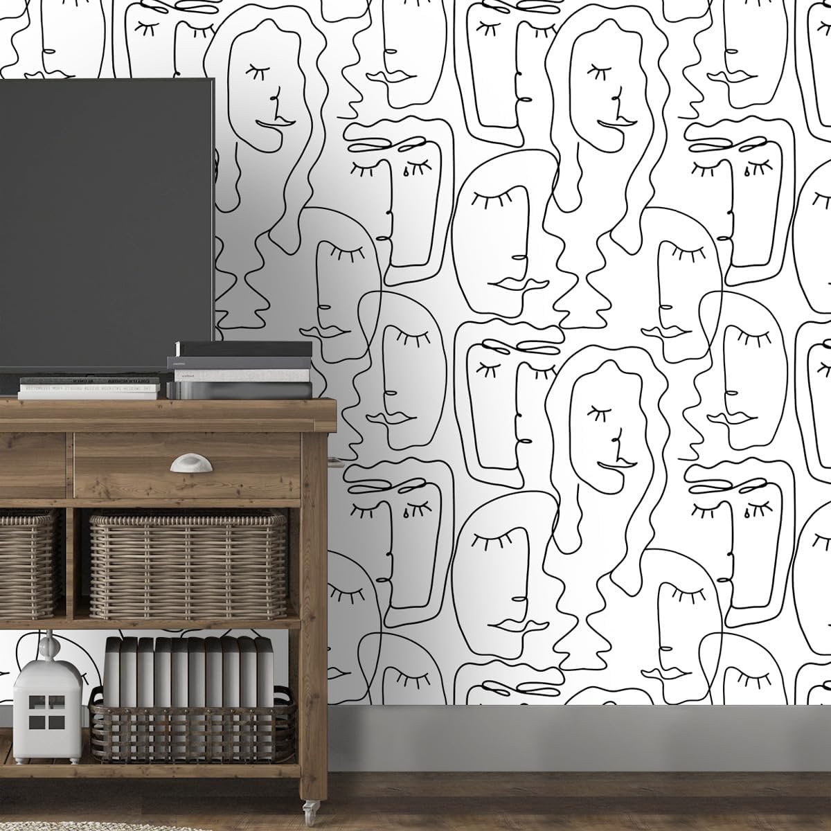 GLOW4U Abstract Art Peel and Stick Wallpaper Mural Abstract Face Line Contact Paper for Walls Bedroom Bathroom Living Room Cabinets Furniture Decal 17.7X117 Inches