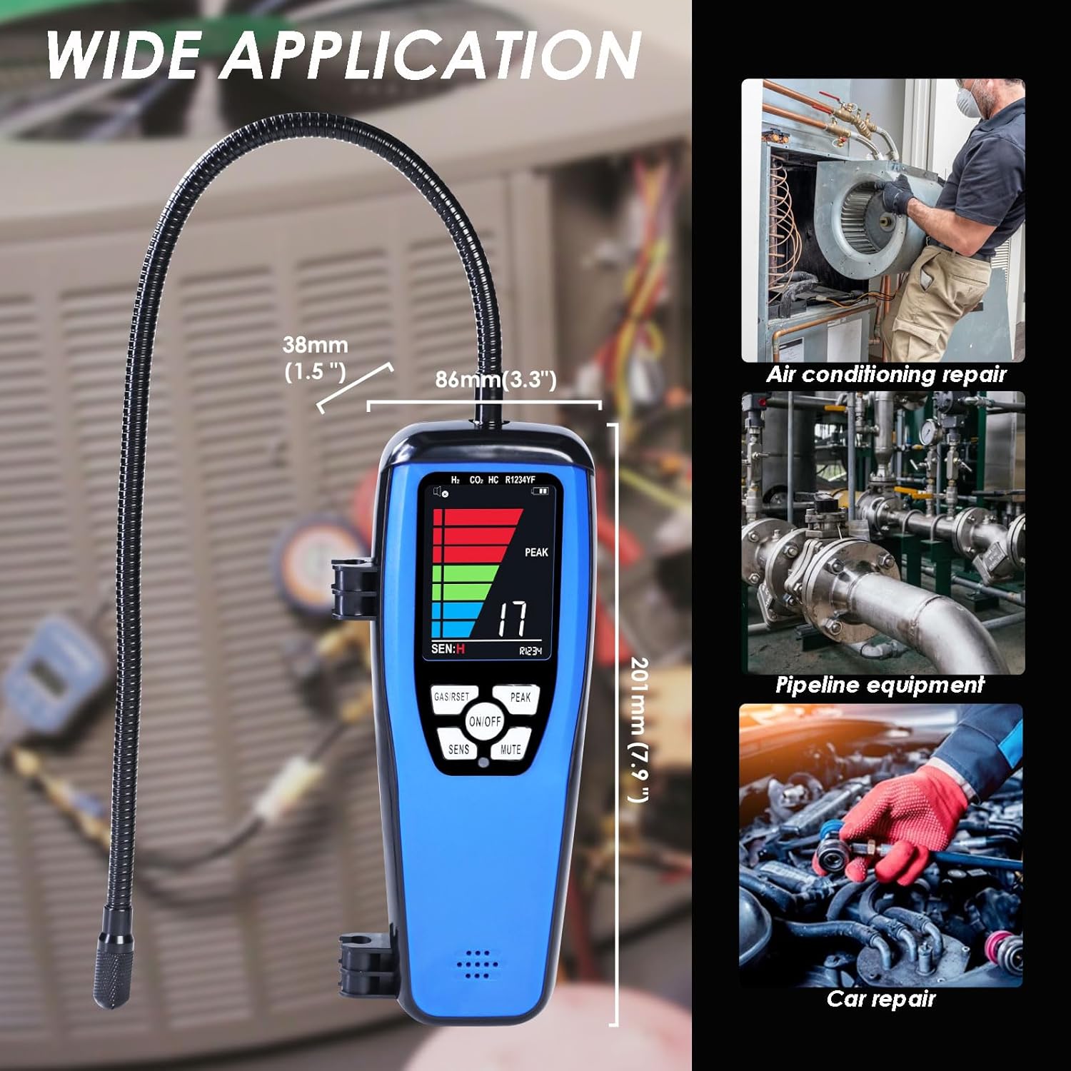 HVAC Refrigerant Leak Detector Heated Diode Portable 17' Goosneck Probe Sensor Freon Leak Detector with Audible, Visual Alarm and LCD Bar Graph Display