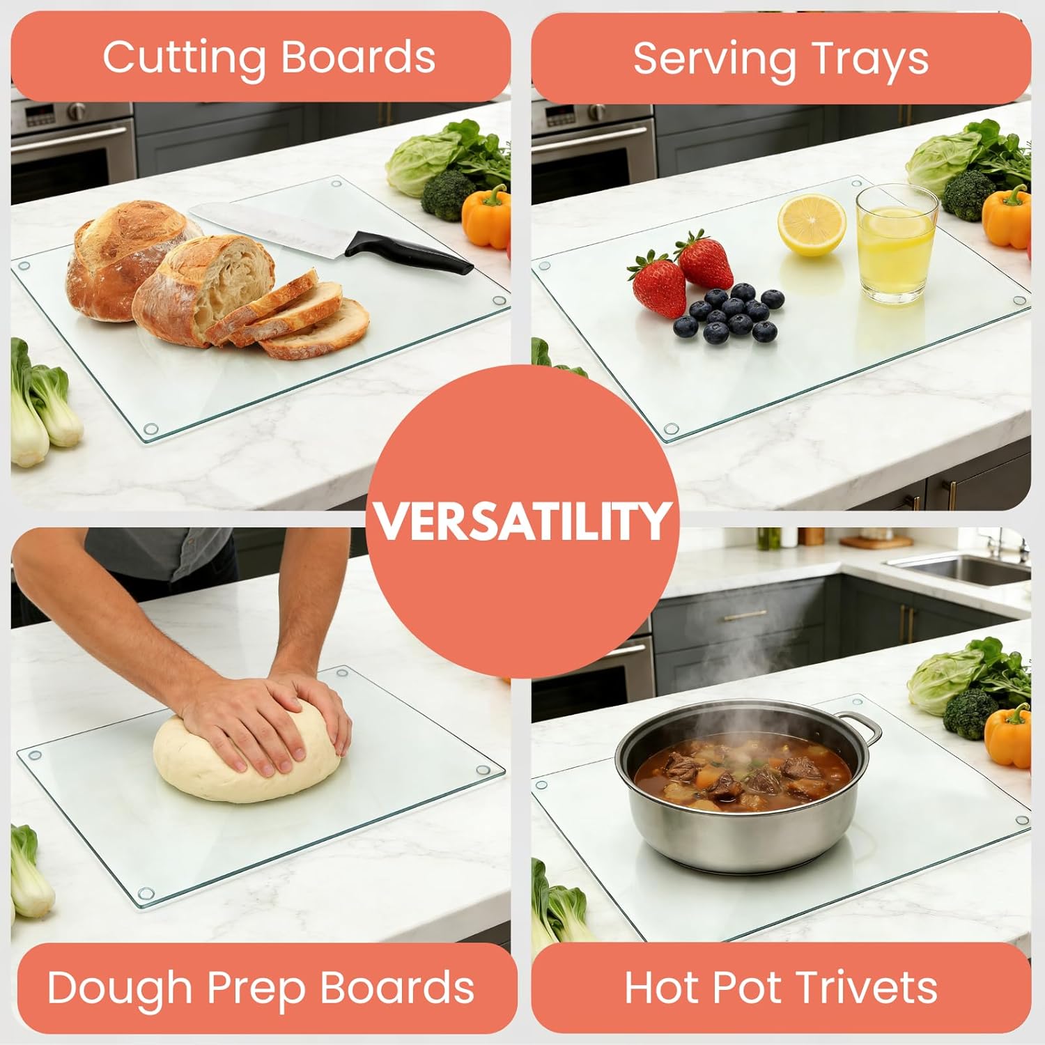 Hacaroa 4 Pack Tempered Glass Cutting Board with Rubber Feet, Rectangle Non-slip Chopping Board, Long Lasting Clear Glass Tray for Kitchen Countertop, Table, Shatter-Resistant, Heat-Resistant, 2 Size