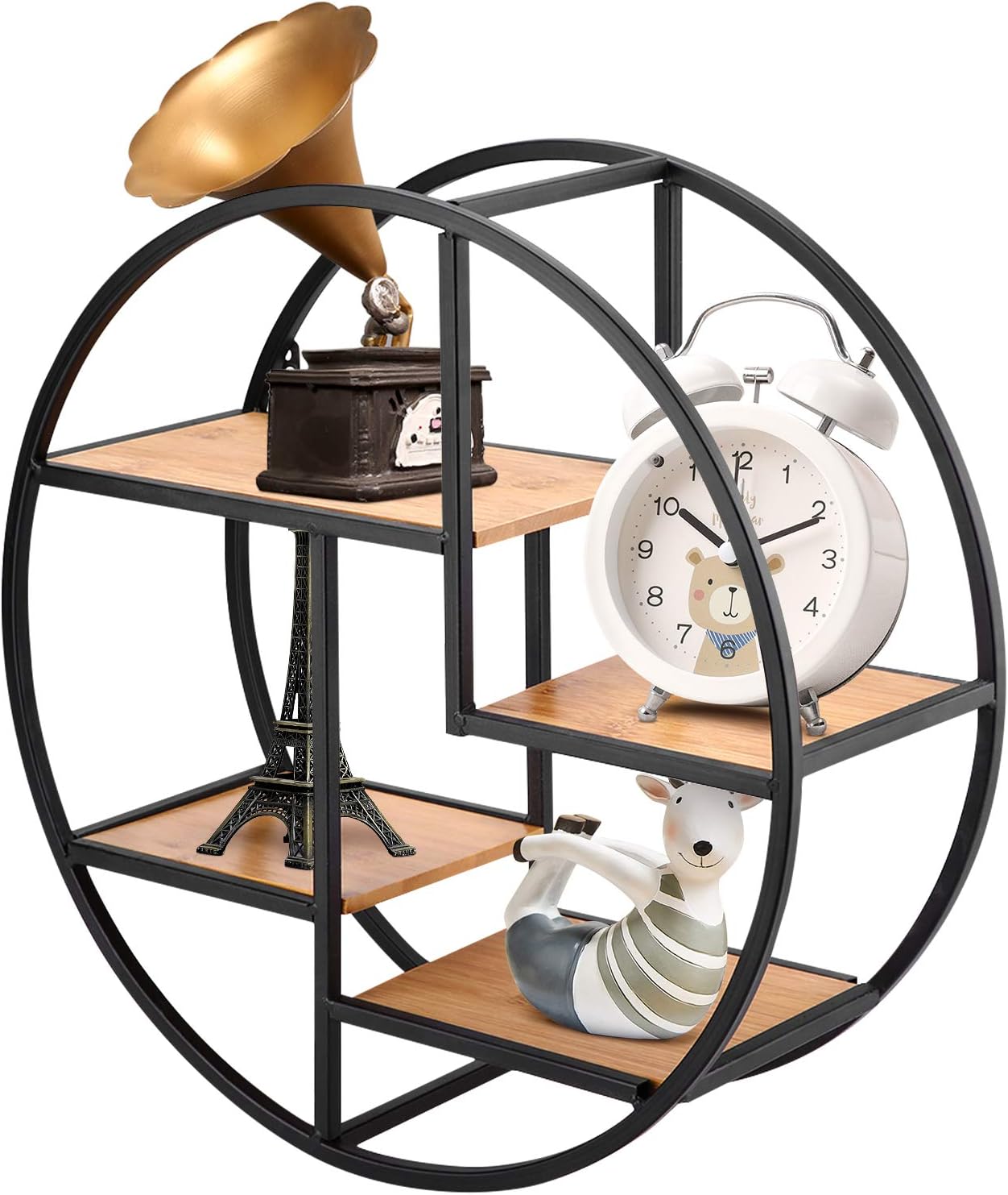 Black Metal Round Wall Shelf, 4 Tier Industrial Solid Decorative