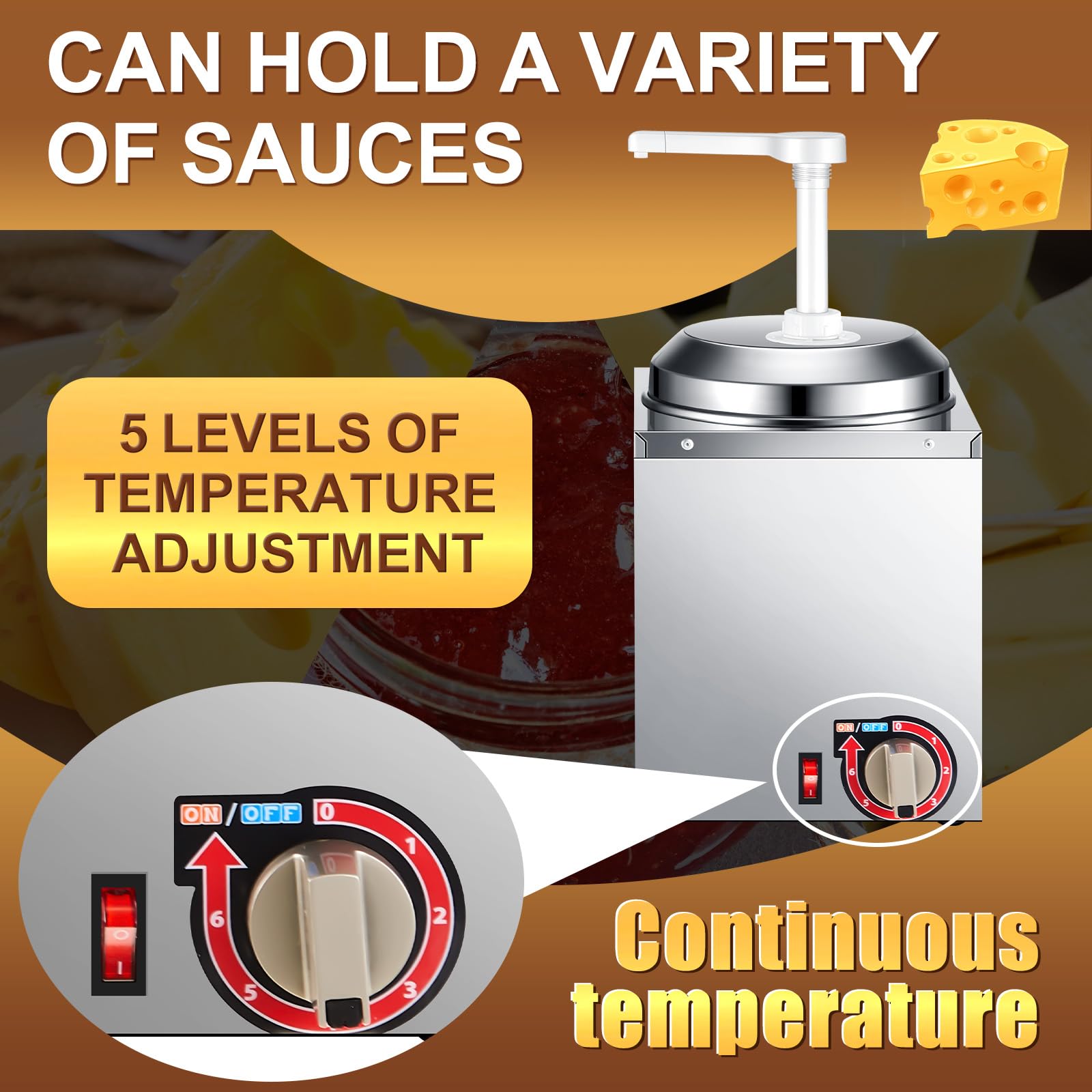 Dispensador de queso Nacho con bomba de 2 piezas, calentador de salsa de caramelo caliente de acero inoxidable de 2.64 cuartos de galón con control de temperatura de 6 niveles, máquina comercial