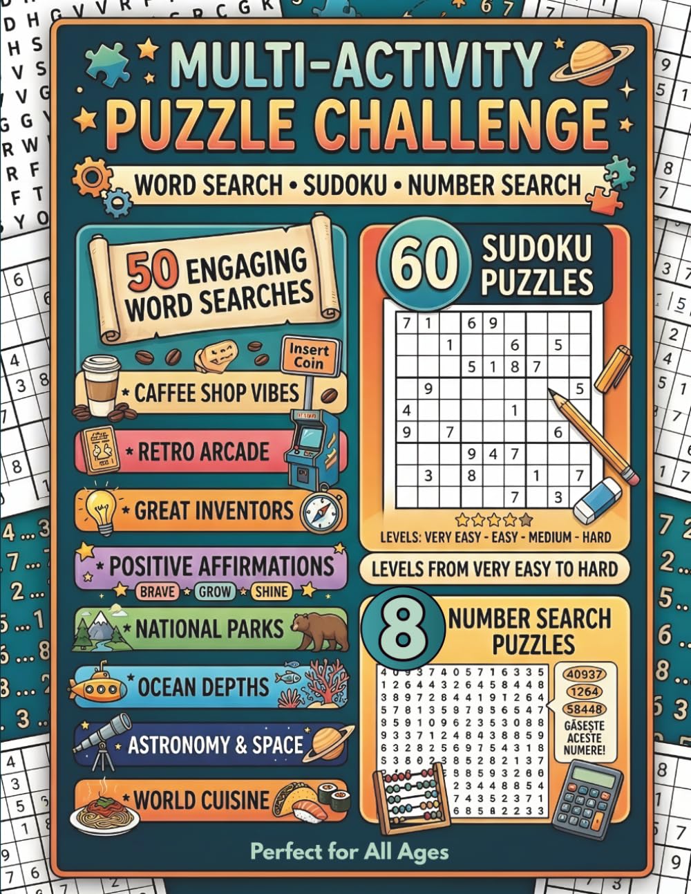 THE ULTIMATE PUZZLE CHALLENGE: 110+ Brain Teasers: Word Search, Sudoku & Number Search for Adults and Teens. Features 50 Thematic Word Searches ... to Hard Sudoku, and Full Solutions Included.