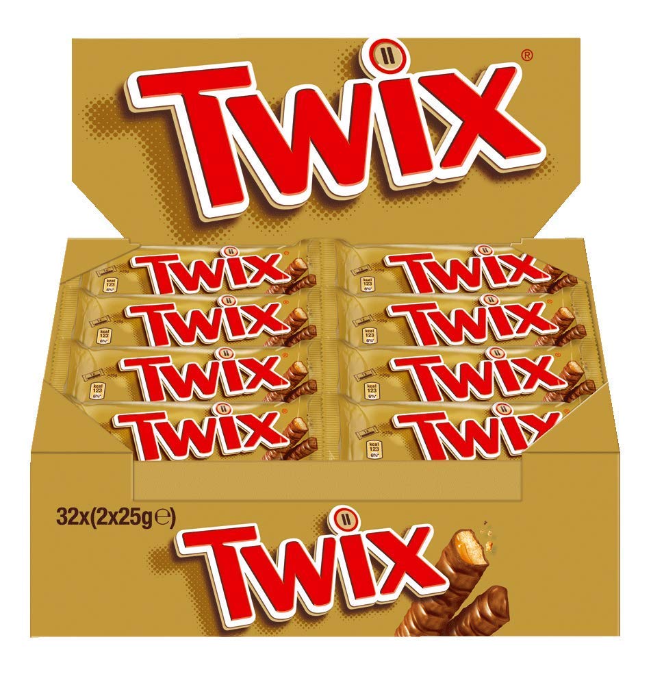 TWIX, Barres chocolat au lait avec biscuit nappage caramel - 1 Boite de 32 barres individuelles de 50g (L'emballage peut varier)