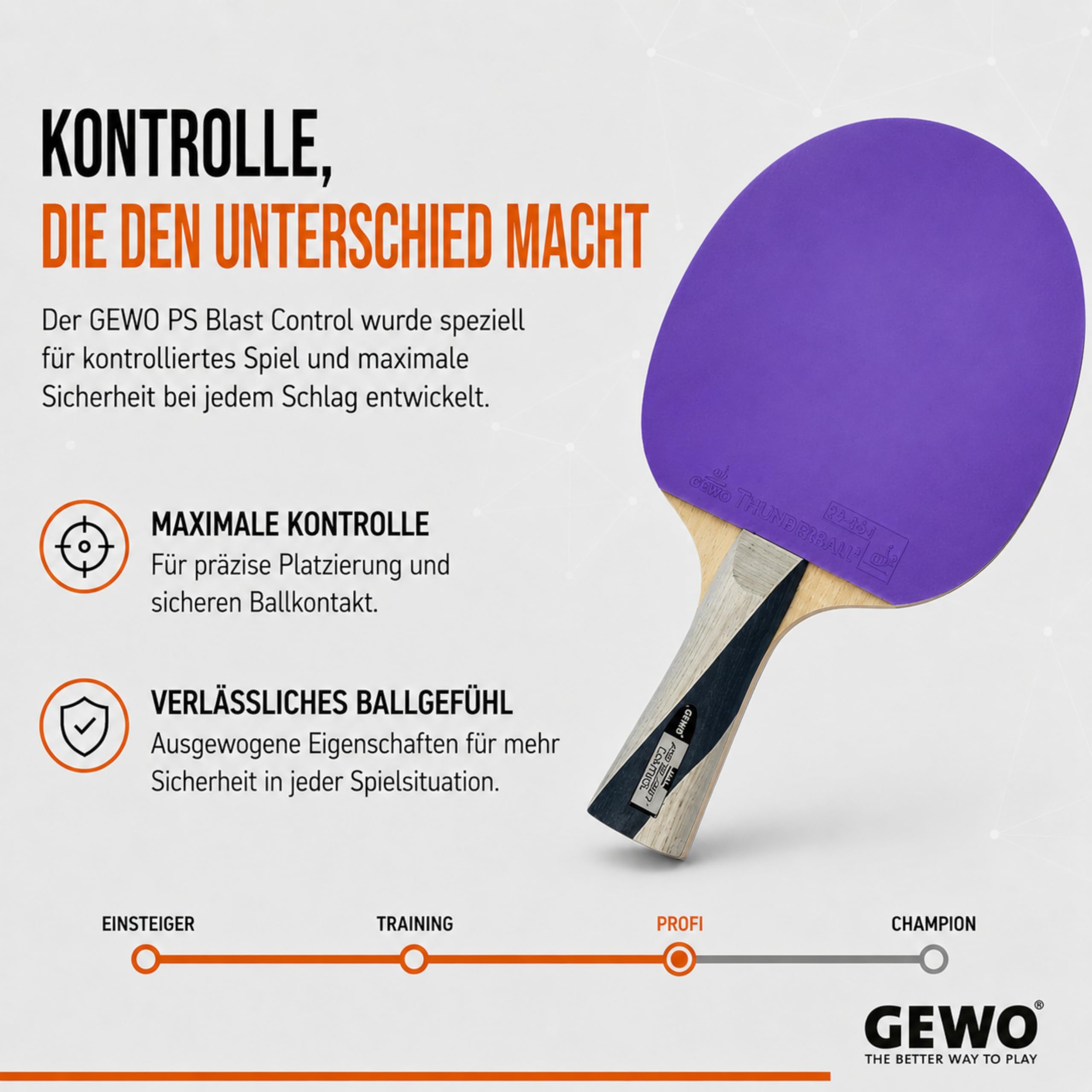 GEWO PS Blast Control - Raqueta de Ping Pong de Mesa Profesional aprobada por la ITTF con Revestimiento Thunderball 2 controlado y Altas propiedades de rotación, cóncava, Esponja de 1,8 mm