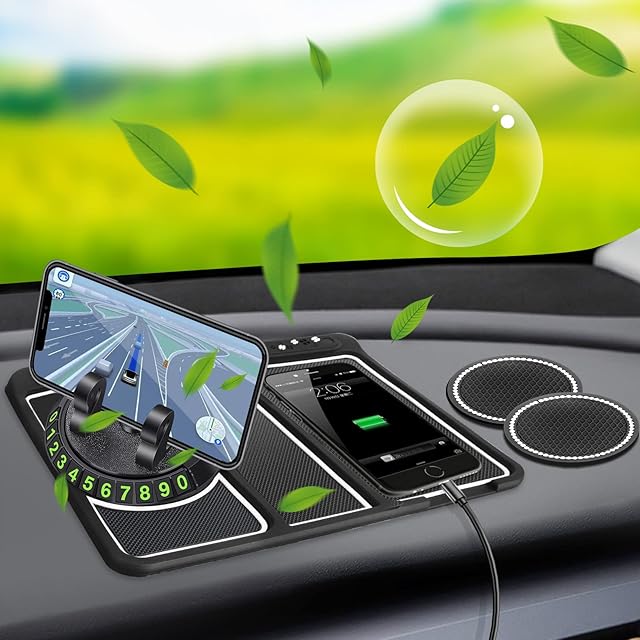 4-IN-1 Non-Slip Car Dash Mat, Car Dashboard Sticky Pad with Luminous Phone Number& Aromatherapy Slot& Bling Car Coasters, Heat Resistant Sticky Gel Dash Pad for Holds Phones Keys Coins Sunglasses