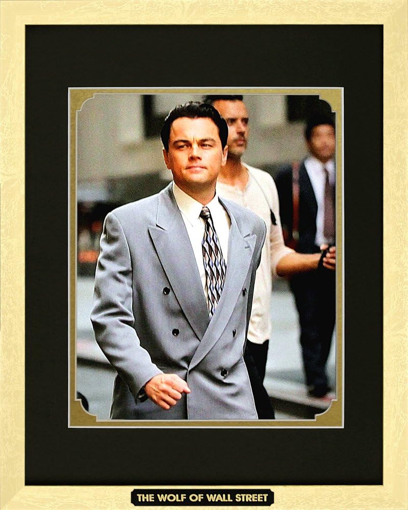 The Wolf of Wall Street Movie Memorabilia Leonardo Dicaprio as Jordan Belfort Framed Movie Photo with Plate Custom Made Real Wood Modern Gold Frame (12 1/2 x 15 1/2")
