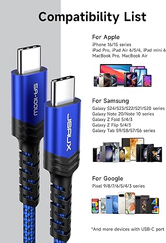 Miniatura 4 de JSAUX Paquete de 3 cables USB C a USB C de 100 W 6.6 pies+6.6 pies+6.6 pies compatible con iPhone 17 Air 16 15 Pro Max Samsung Galaxy S25 S24