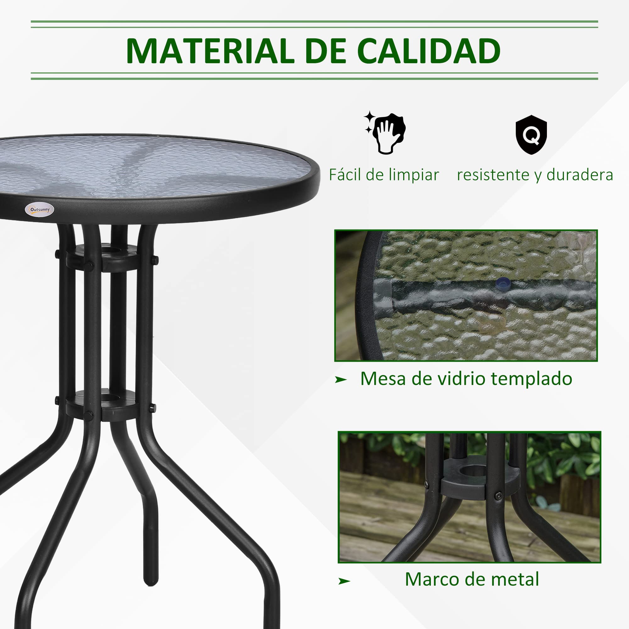 Outsunny Mesa de Jardín Redonda con Encimera de Vidrio Templado Decorativa y Marco de Metal para Patio Terraza Balcón Comedor Ø60x70 cm Negro
