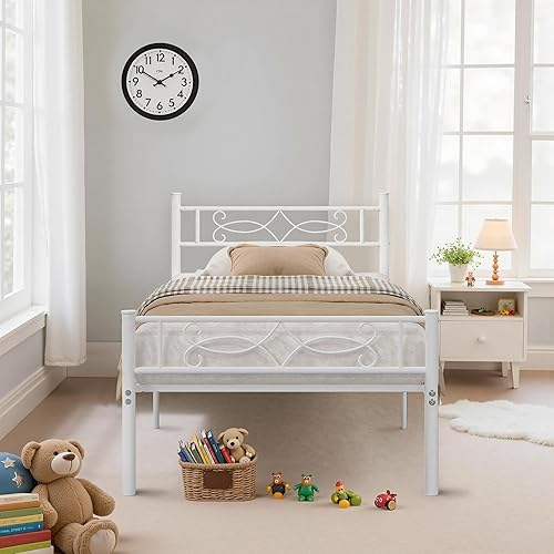 Miniatura 9 de VECELO Base de cama individual, plataforma de metal de tamaño individual con cabecera y estribo, soporte de listones de acero de alta calidad, no