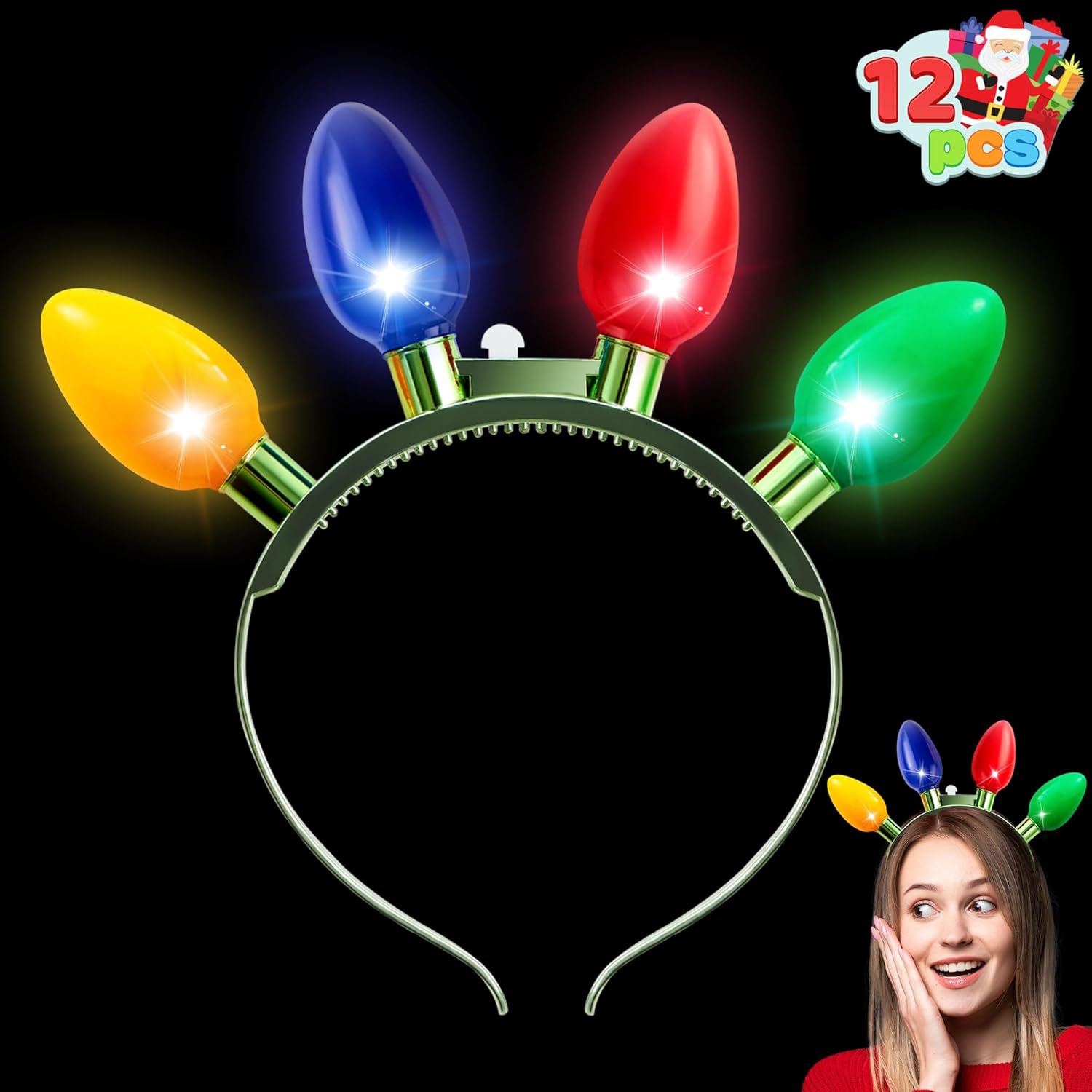 JOYIN Christmas LED Headband Light Up Bulb with 4 Colorful LED Bulbs for Adults Christmas Party Supplies Xmas Accessories