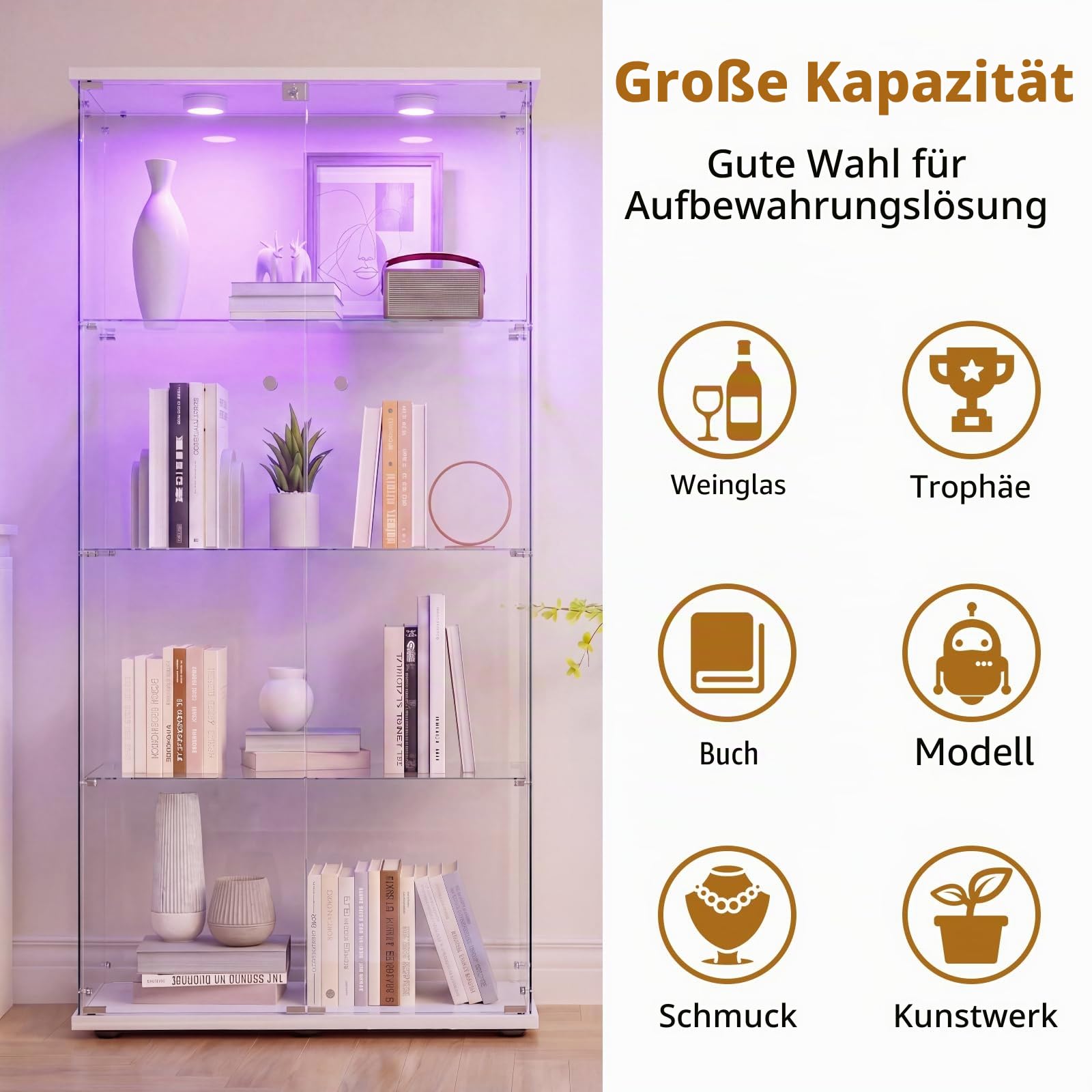 DADEA Glasvitrine 4 Etagen mit 2 Türen, Glassvitrinenschrank mit Spiegel, Glasvitrine Stehend mit Licht und Schloss Vitrinenschrank Spiegel Curio Schrank Glas Vitrine mit LED Glasvitrinen Schrank
